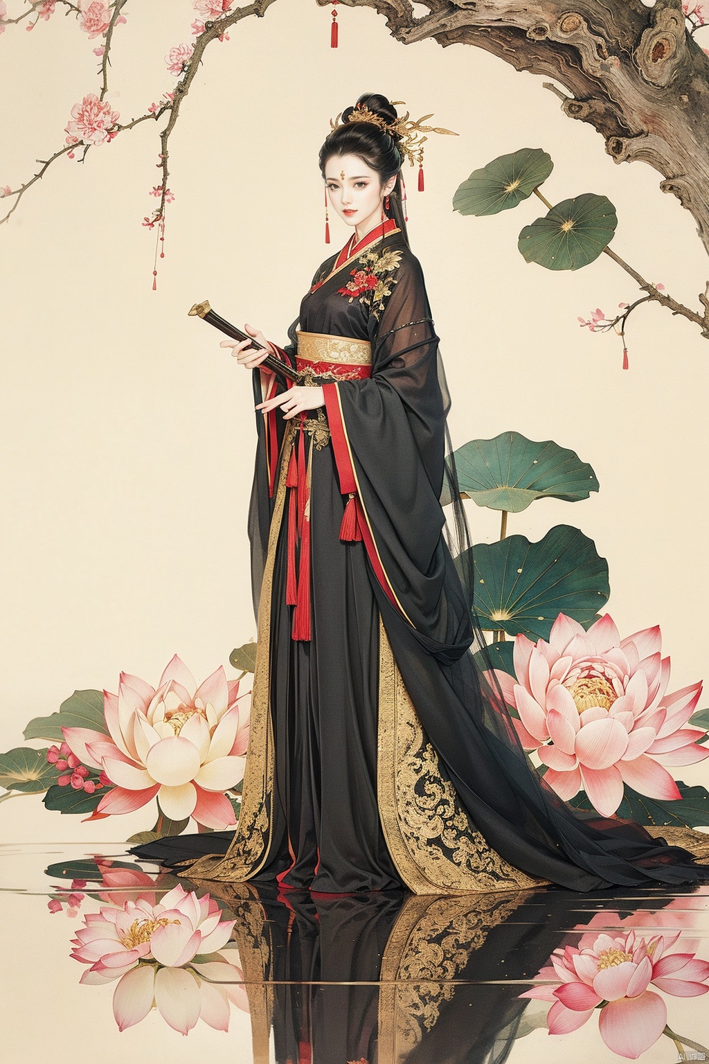 Masterpiece, best quality, 1 woman, black hair, long hair, hair accessories, hanfu, Chinese costume, long skirt, full body, lotus, water, fine brush painting, ink painting, intricate costume, standing, professional model pose