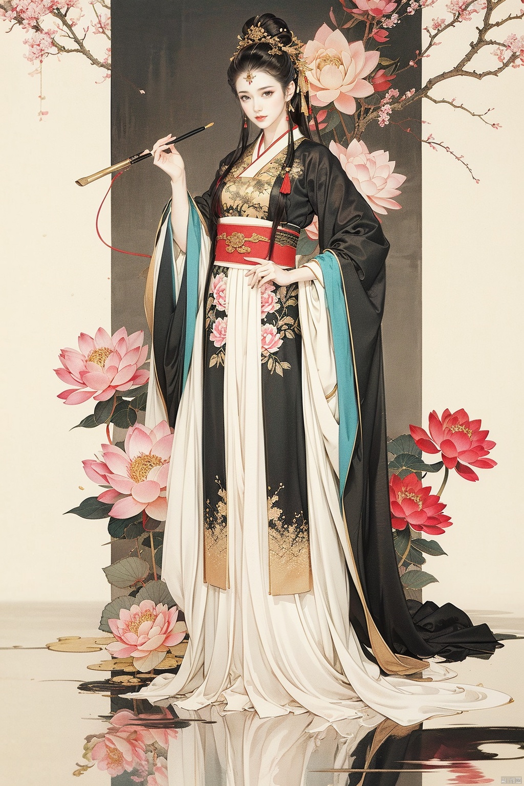 Masterpiece, best quality, 1 woman, black hair, long hair, hair accessories, hanfu, Chinese costume, long skirt, full body, lotus, water, fine brush painting, ink painting, intricate costume, standing, professional model pose