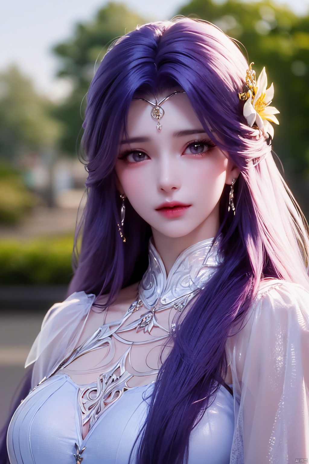 masterpiece, best quality,1girl, hair ornament, solo, long hair, blurry background, realistic, flower,upper body, blurry, closed mouth, lips,xyunxi