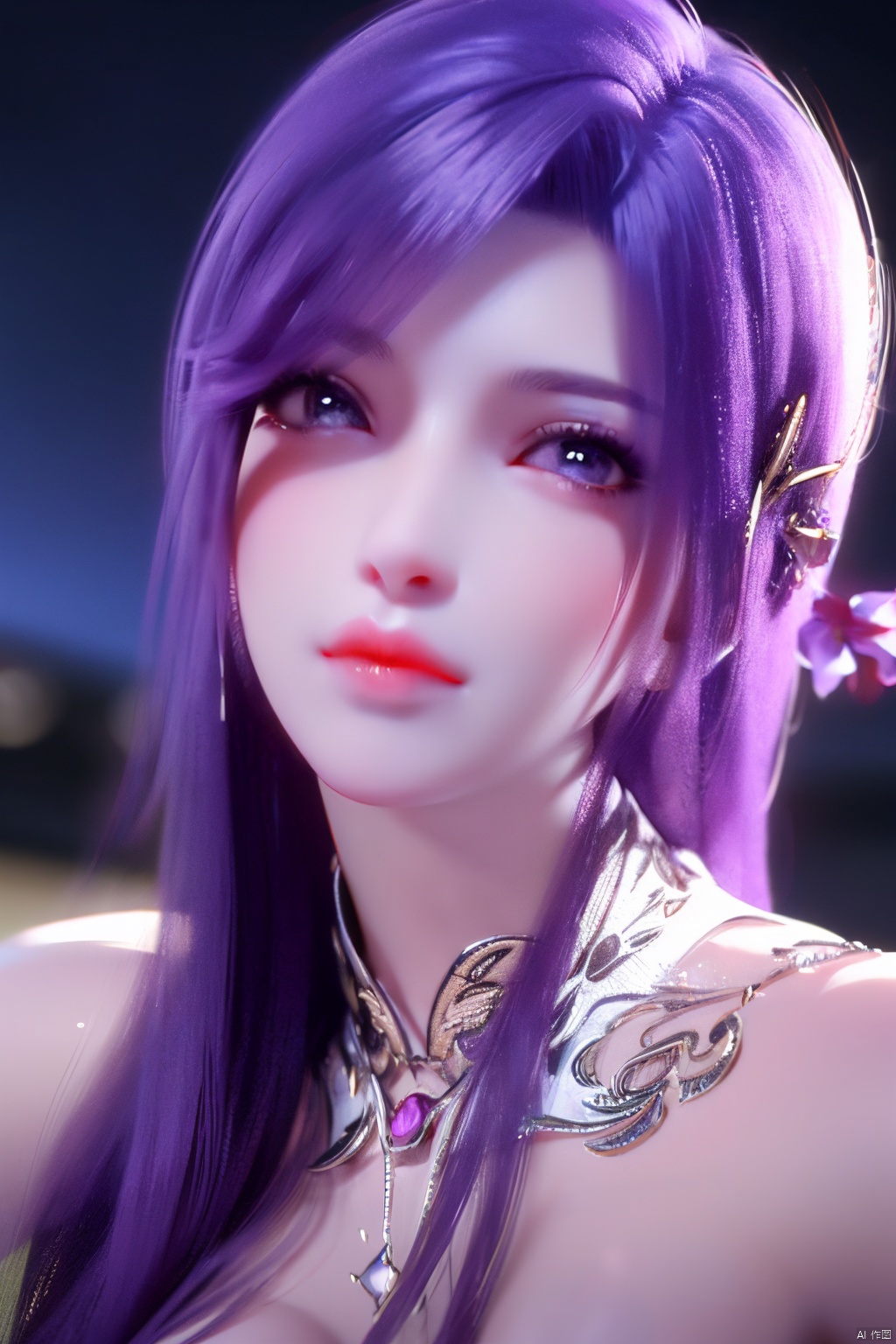 masterpiece, best quality,1girl, hair ornament, solo, long hair, blurry background, realistic, flower,upper body, blurry, closed mouth, lips,xyunxi,full moon, octane render