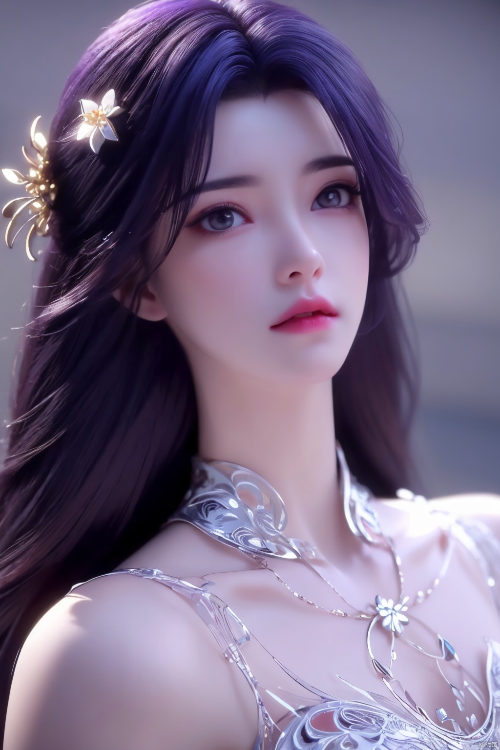 masterpiece, best quality,1girl, hair ornament, solo, long hair, blurry background, realistic, flower,upper body, blurry, closed mouth, lips,xyunxi