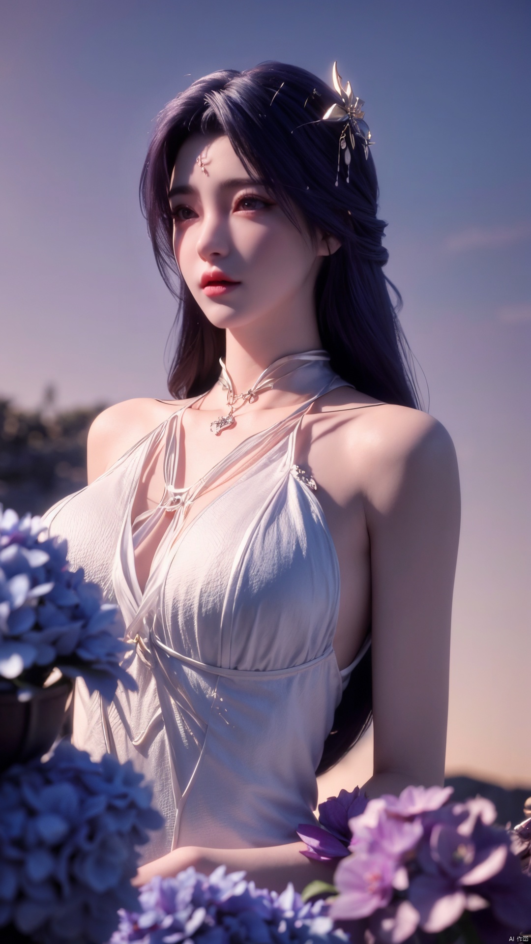 masterpiece, best quality,1girl, hair ornament, solo, long hair, blurry background, realistic, flower,perfect body, blurry, closed mouth, lips,xyunxi,full moon, octane render, (big breasts:1.29),x-hydrangea, desert_sky,xhuolinger,xyunluo