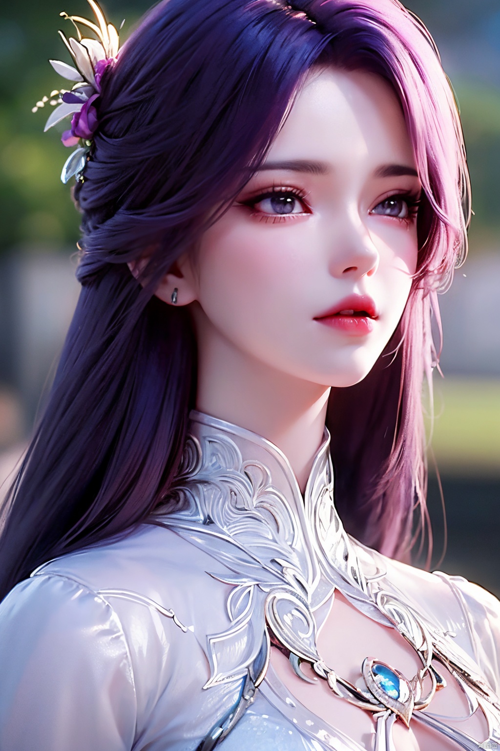 masterpiece, best quality,1girl, hair ornament, solo, long hair, blurry background, realistic, flower,upper body, blurry, closed mouth, lips,xyunxi
