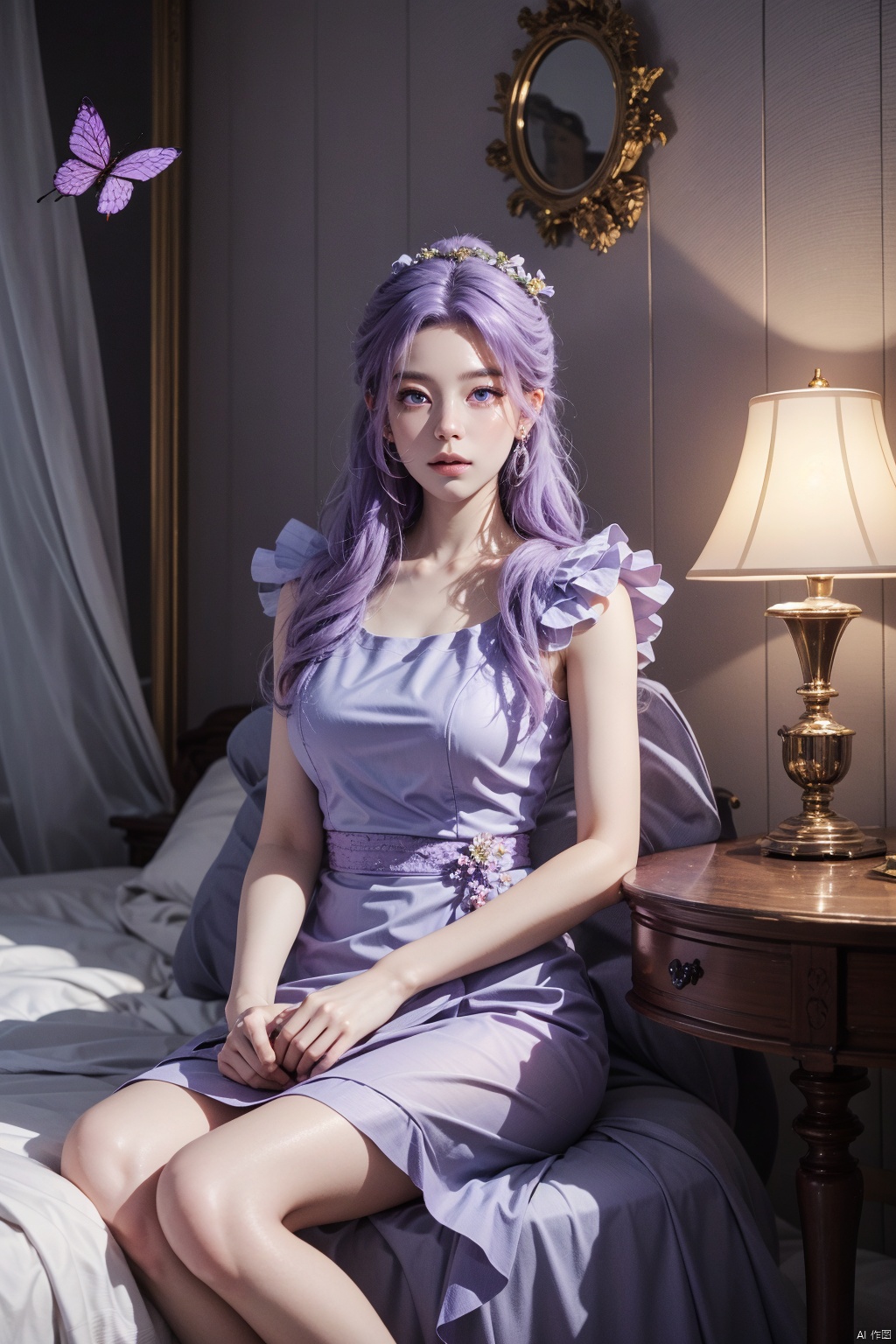  best quality,masterpiece,Yunxiao_Fairy,looking at viewer,jewelry,purple eyes,purple hair,1girl, solo, long hair, hair ornament, dress, jewelry, sitting, purple hair, flower, earrings, indoors, hair flower, bed, table, bug, butterfly, purple dress, mirror, light, lamp
