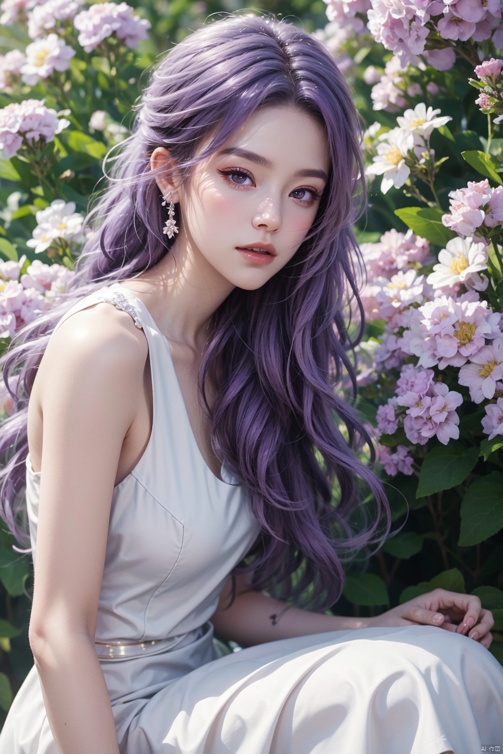  best quality,masterpiece,Yunxiao_Fairy,looking at viewer,jewelry,purple eyes,purple hair,1girl, solo, long hair, looking at viewer,hair ornament, dress, bare shoulders, brown eyes, jewelry, sitting, flower, earrings, white dress, pink flower, red lips