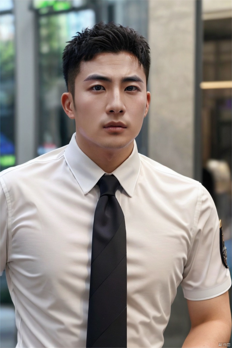 jzns,1man,asian,male focus,handsome,muscular,white shirt,necktie,armband,bust,blurry,full shot,masterpiece, realistic, best quality, highly detailed, hly