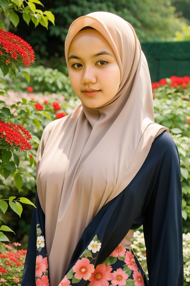 High detail,  portrait of a beautiful 18 year old girl standing in the flower garden ,  hijab on Tensor.Art