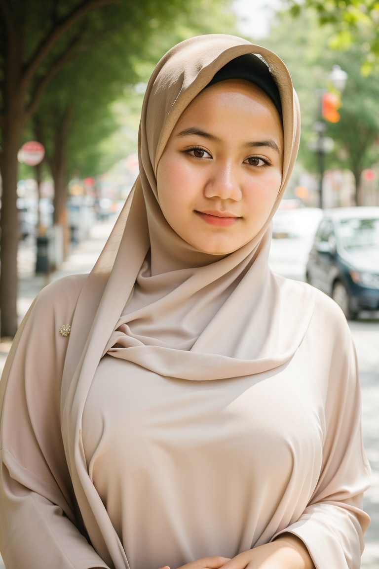 High detail,  portrait of a beautiful 18 year old girl standing in the street ,  hijab wedding dress on Tensor.Art