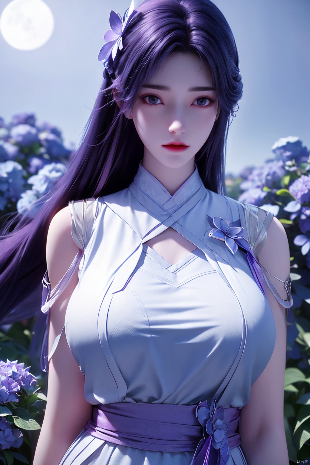 masterpiece, best quality,1girl, hair ornament, solo, purple hair, realistic, flower,perfect body,xyunxi,full moon, octane render, (big breasts:1.29),Xyunxi,x-hydrangea, desert_sky,xhuolinger,xyunluo,depth of field,girl