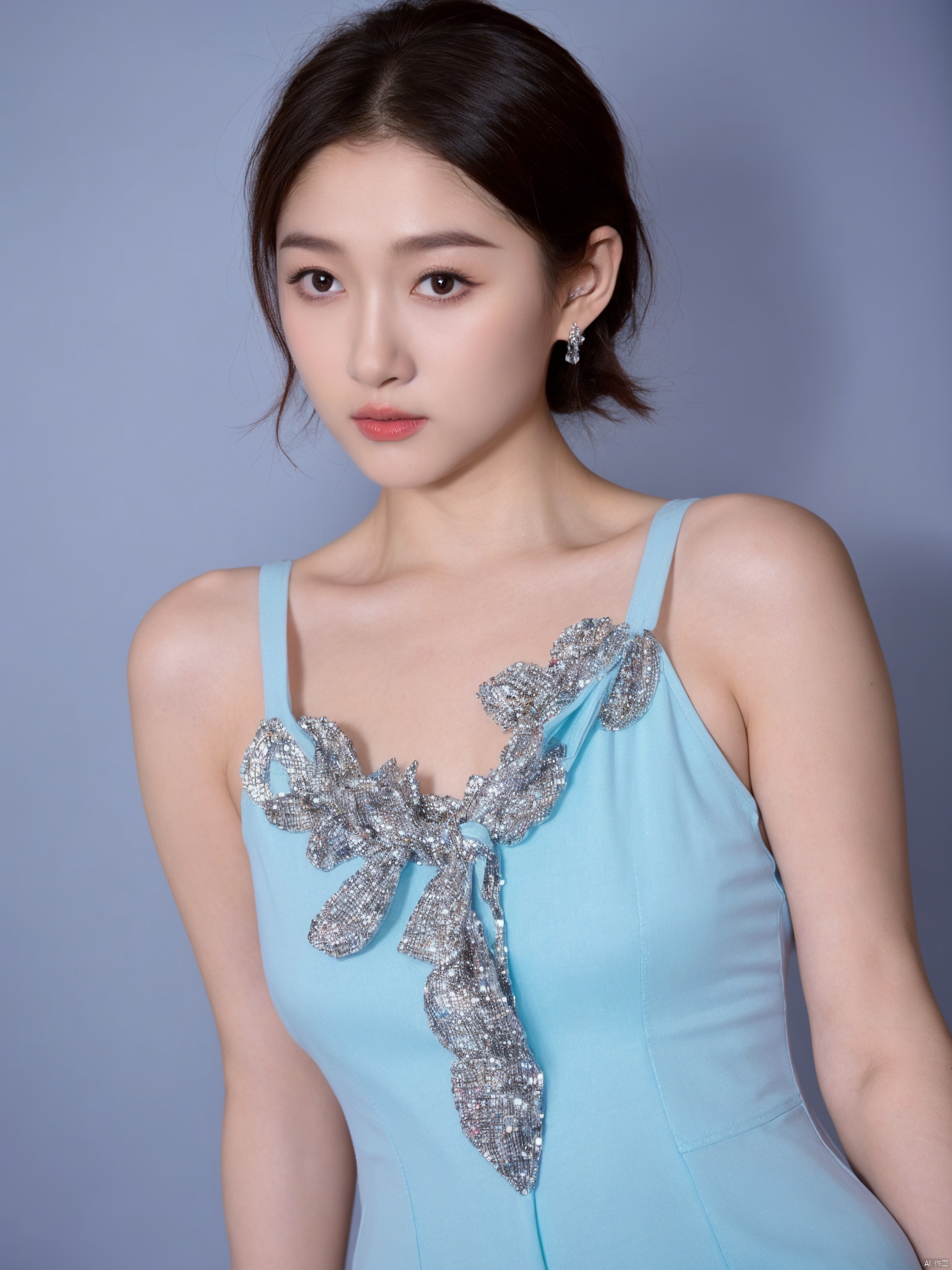( Fujicolor, UHD, super detail ,raw,85mm,f/1.2,FujifilmXT4,16K)
,1girl, solo, cleavage,big breasts,low cut evening gown, blue background, realistic, upper_body, sleeveless, lips, short hair, brown_eyes, looking_at_viewer, nose, , wutenglan, chunchun