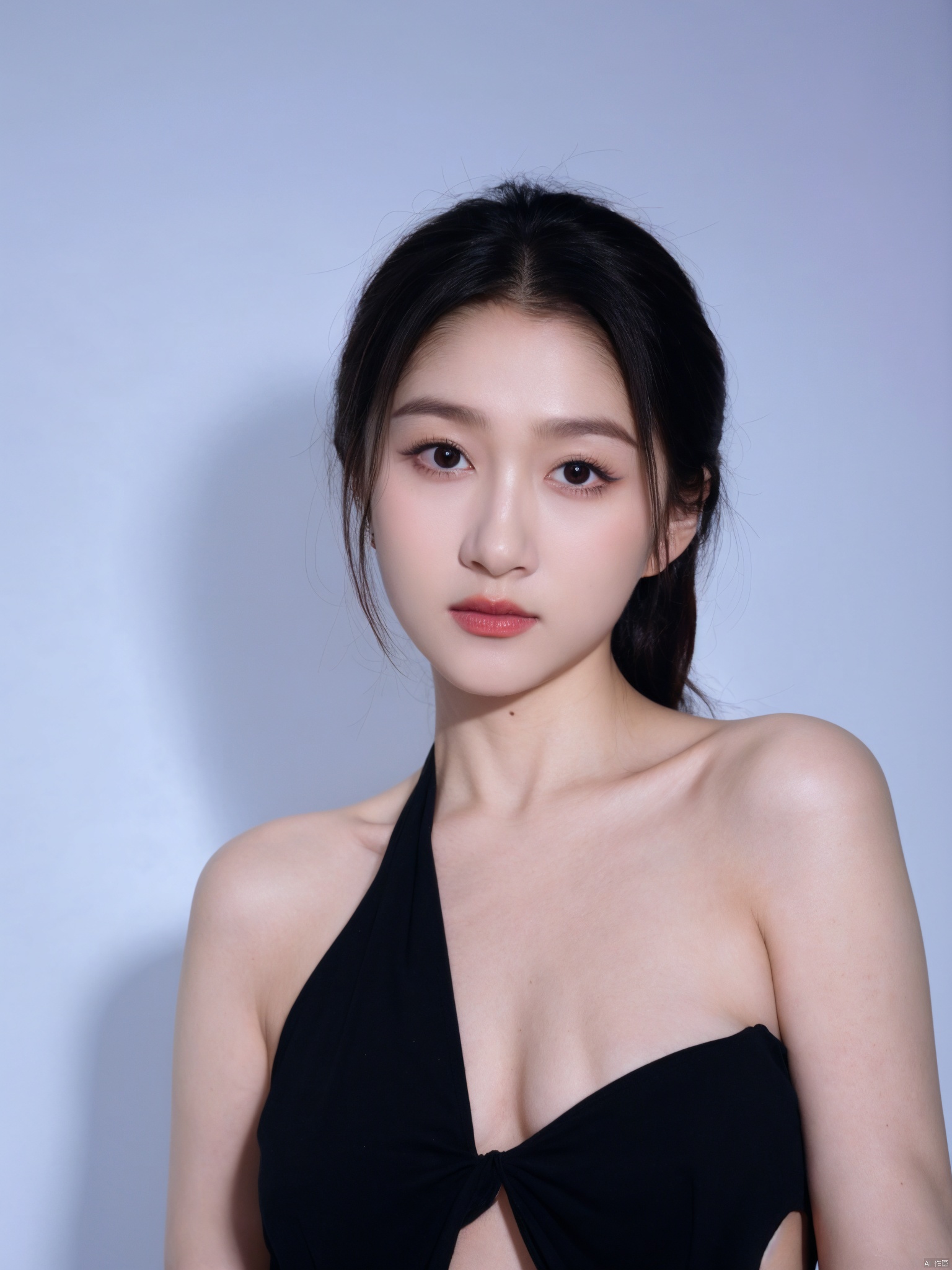( Fujicolor, UHD, super detail ,raw,85mm,f/1.2,FujifilmXT4,16K)
,1girl, solo, cleavage,big breasts,low cut evening gown, blue background, realistic, upper_body, sleeveless, lips, black hair, brown_eyes, looking_at_viewer, nose, , wutenglan, chunchun