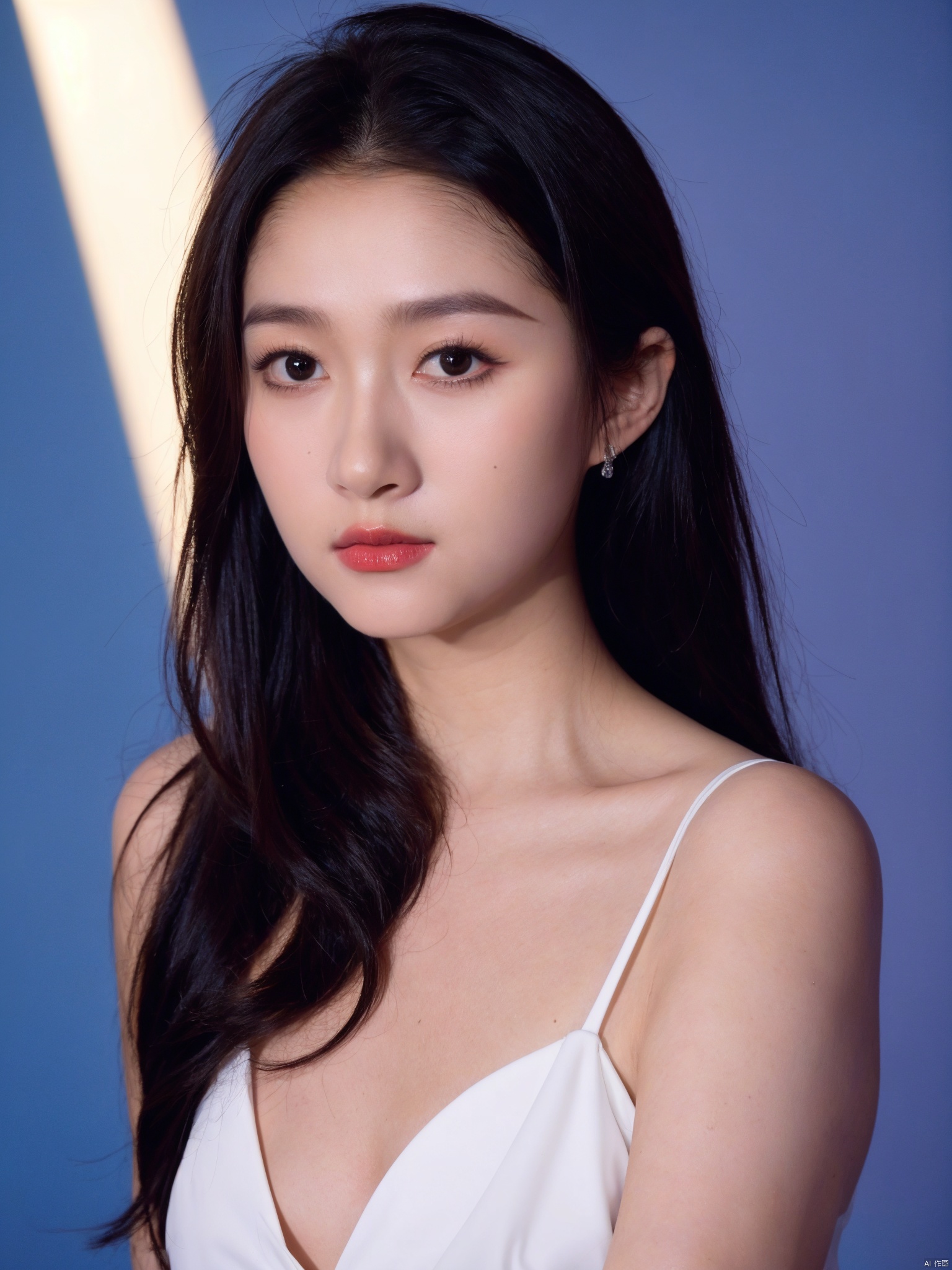 ( Fujicolor, UHD, super detail ,raw,85mm,f/1.2,FujifilmXT4,16K)
,1girl, solo, cleavage,big breasts,low cut evening gown, blue background, realistic, upper_body, sleeveless, lips, black hair, brown_eyes, looking_at_viewer, nose, , wutenglan, chunchun