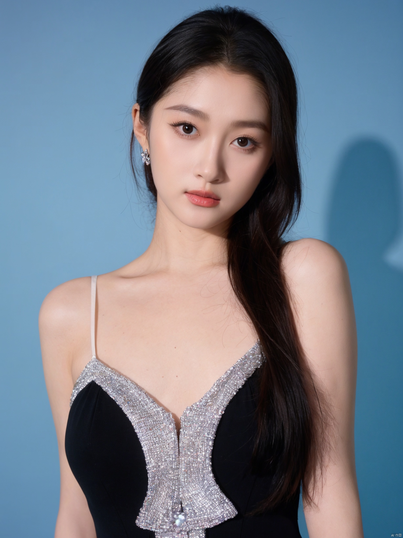 ( Fujicolor, UHD, super detail ,raw,85mm,f/1.2,FujifilmXT4,16K)
,1girl, solo, cleavage,big breasts,low cut evening gown, blue background, realistic, upper_body, sleeveless, lips, black hair, brown_eyes, looking_at_viewer, nose, , wutenglan, chunchun