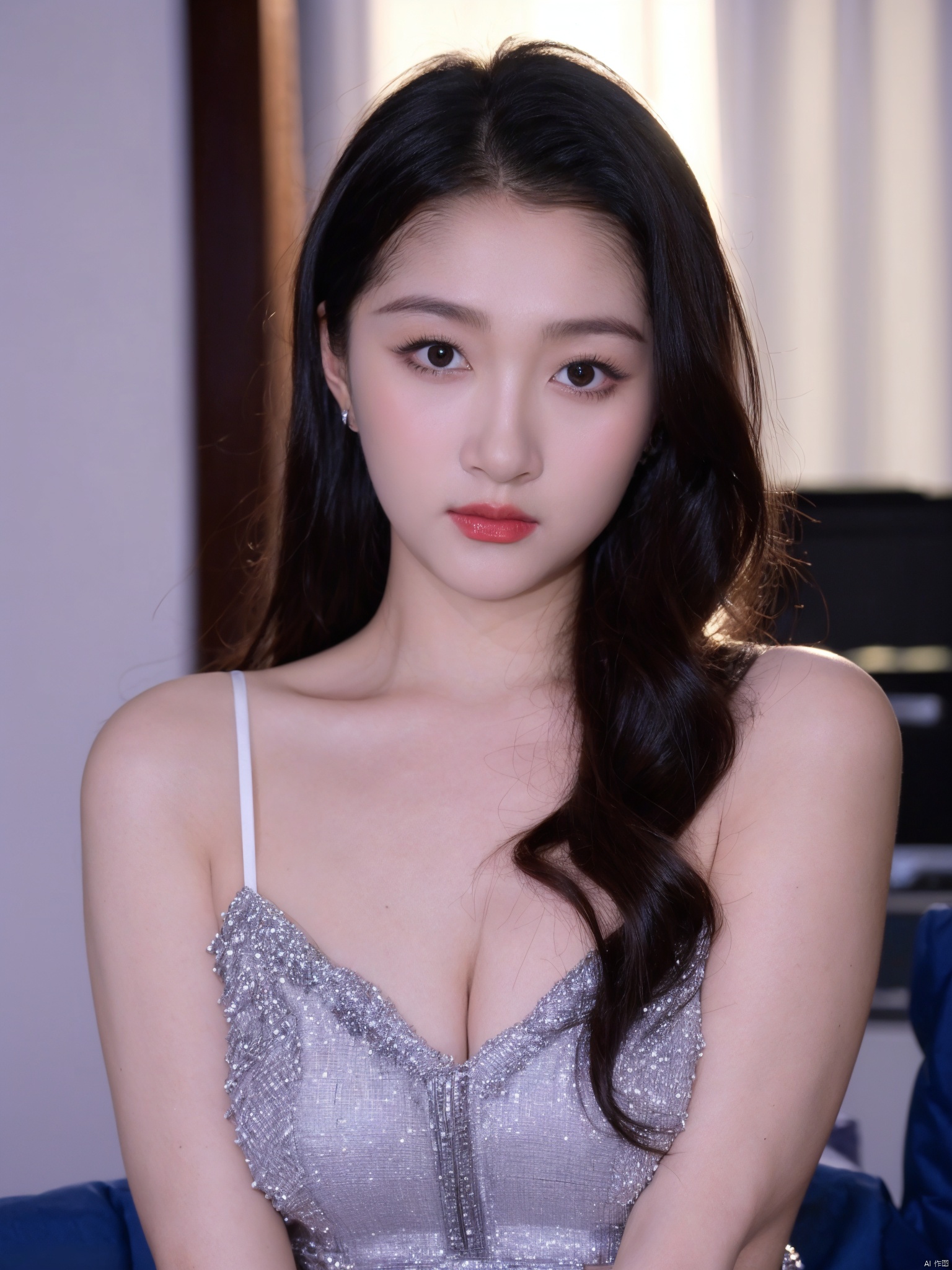 ( Fujicolor, UHD, super detail ,raw,85mm,f/1.2,FujifilmXT4,16K)
,1girl, solo, cleavage,big breasts,low cut evening gown, blue background, realistic, upper_body, sleeveless, lips, black hair, brown_eyes, looking_at_viewer, nose, , wutenglan, chunchun