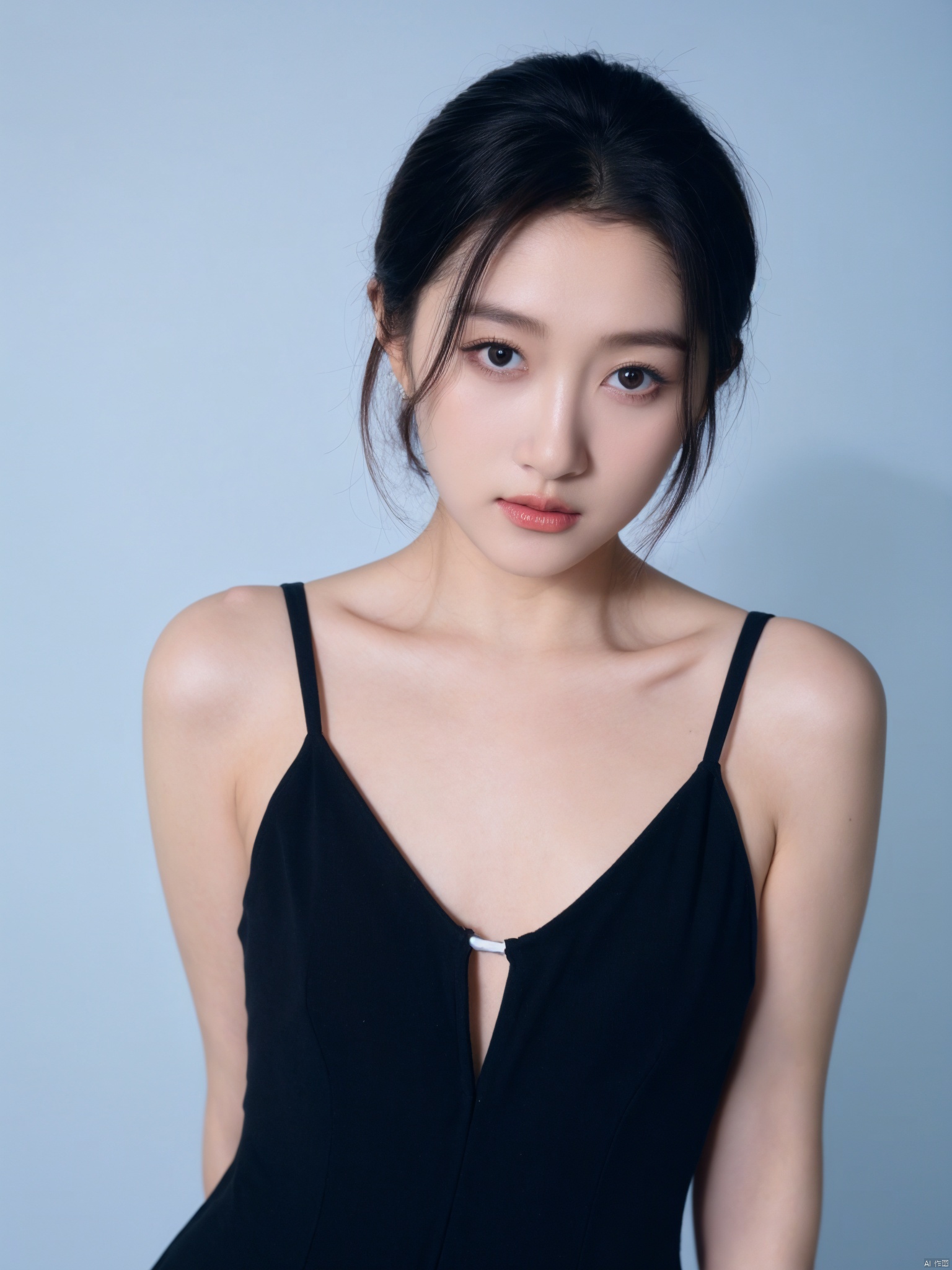 ( Fujicolor, UHD, super detail ,raw,85mm,f/1.2,FujifilmXT4,16K)
,1girl, solo, cleavage,middle breasts,low cut evening gown, blue background, realistic, upper_body, sleeveless, lips, short hair, brown_eyes, looking_at_viewer, nose, , wutenglan, chunchun