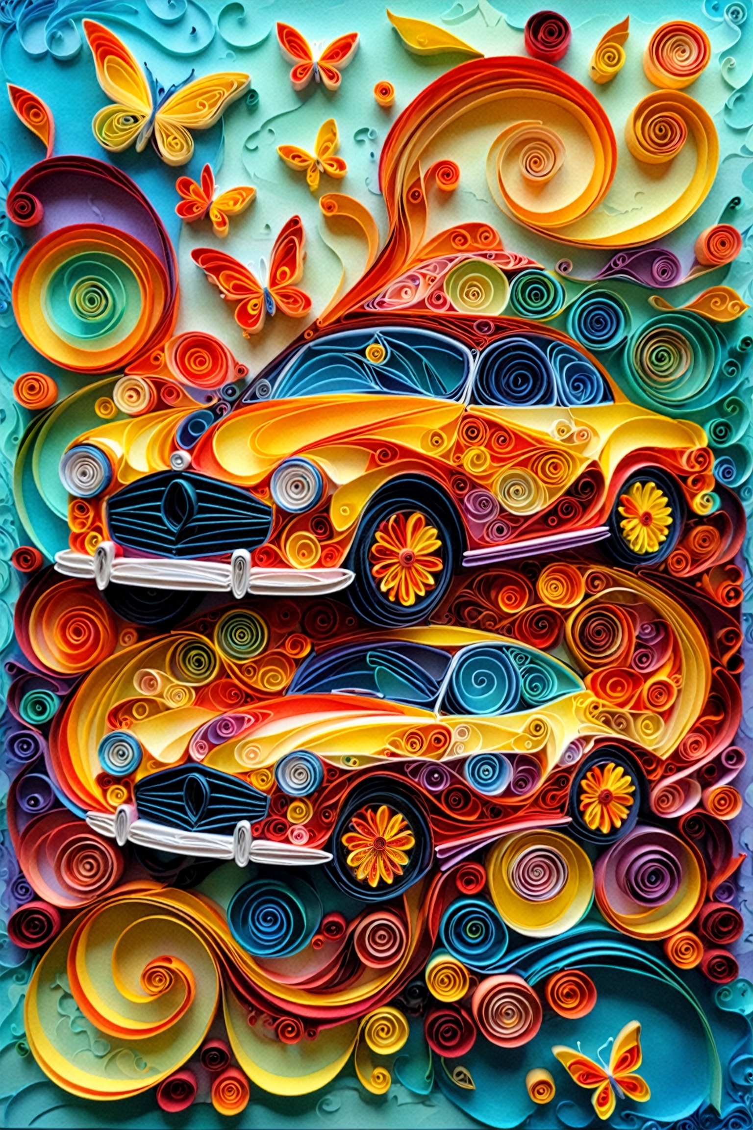 A vibrant and intricate artwork that appears to be made of paper quilling. At the center,  there's a beautifully crafted c...
