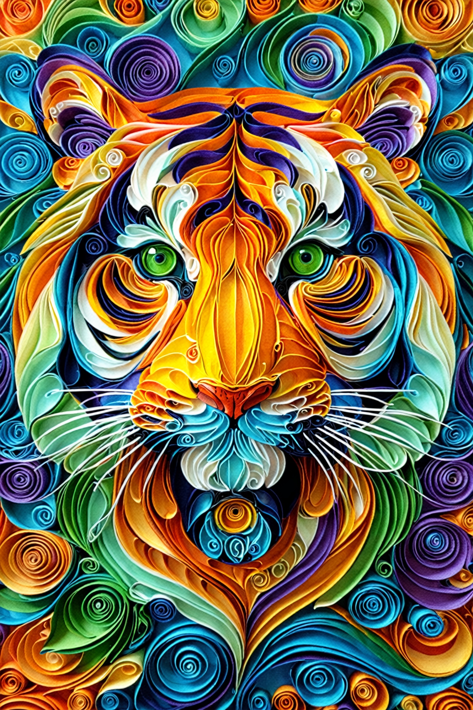 A vibrant and intricate representation of a tiger's face. The tiger's features,  such as its eyes,  nose on Tensor.Art
