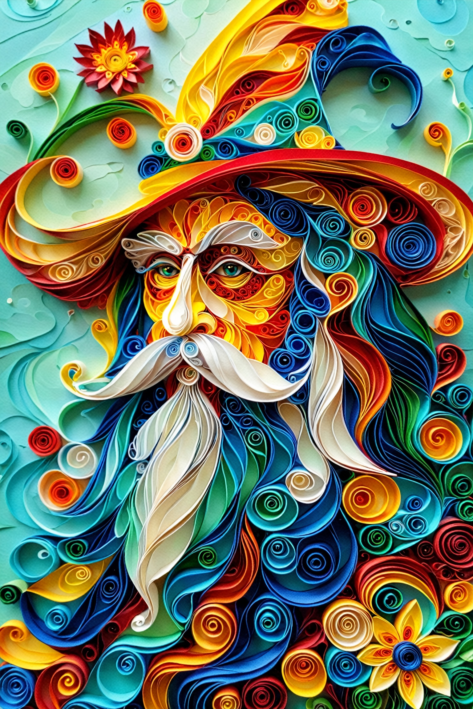 A vibrant and intricate artwork that appears to be made of paper quilling. The central figure is a face,  possibly a wizar...
