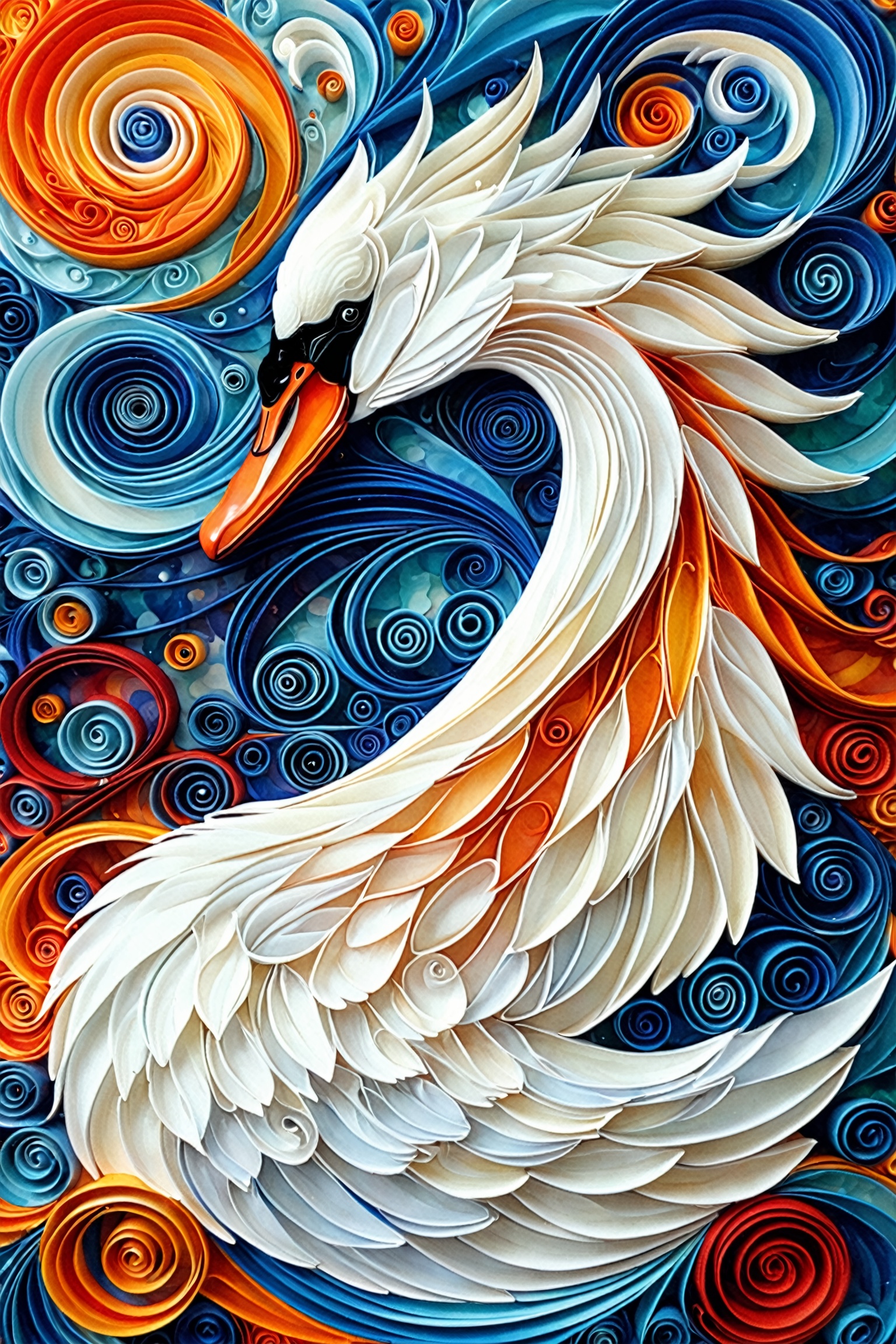 A vibrant and intricate depiction of a swan amidst a swirl of colors and patterns. The swan,  with its white feathers and...