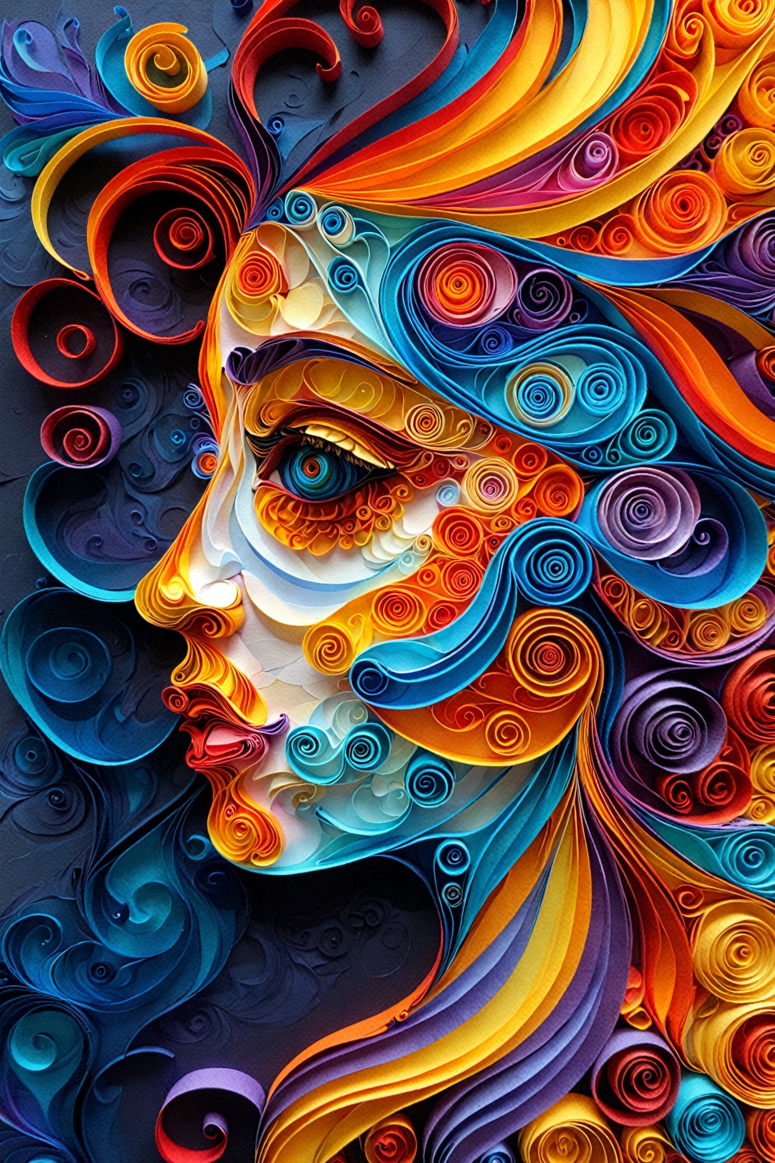 An intricate and vibrant artwork of a face,  seemingly made of swirling and layered paper or quilled elements. The face is...