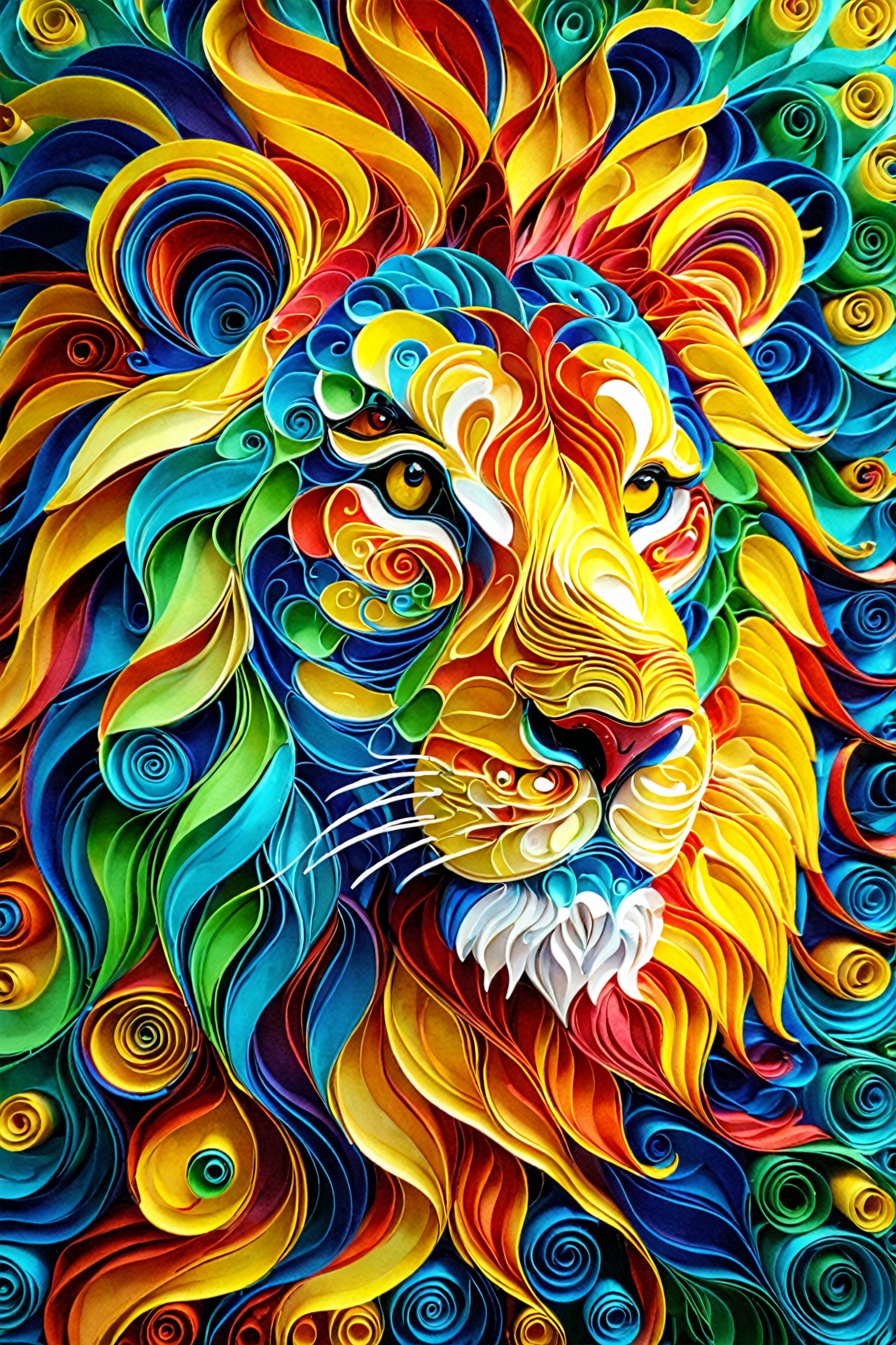A vibrant and intricate depiction of a lion's face,  crafted using swirling patterns of vivid colors. The lion's mane and...