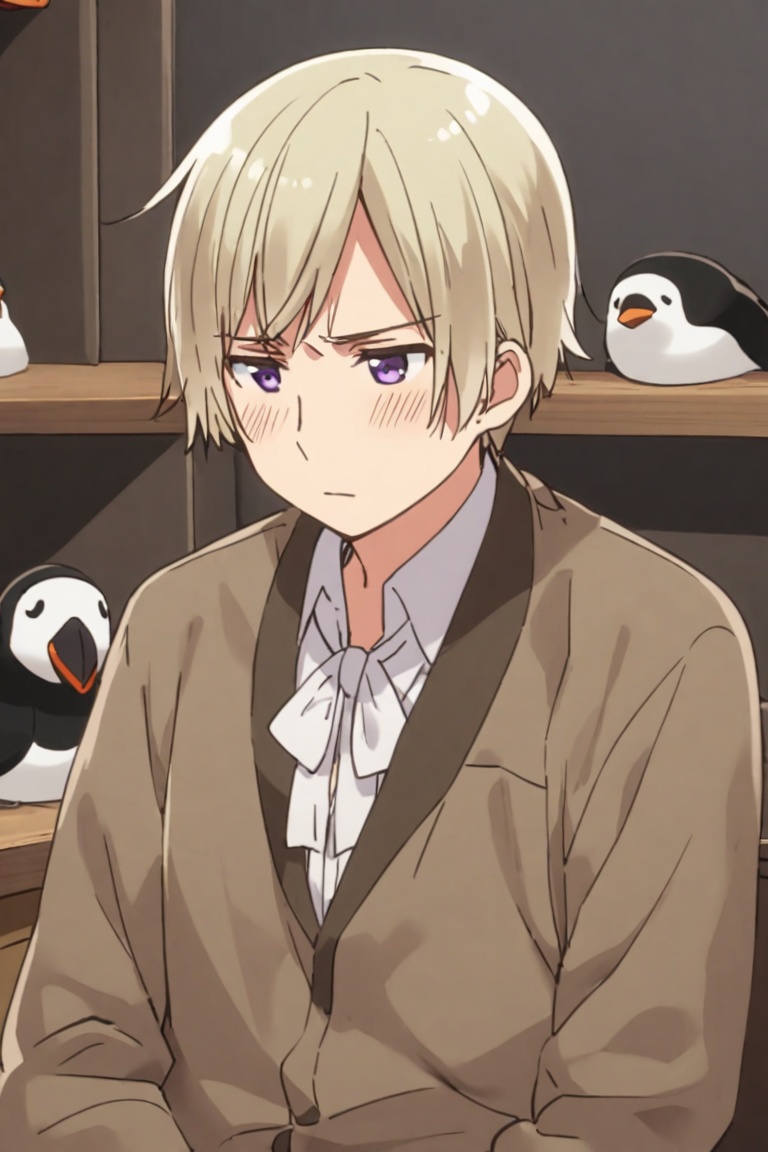 A close-up shot of a lone Icelandic Hetalia boy,  his blond hair messy and tousled,  sits with a puffed chest on Tensor.Art