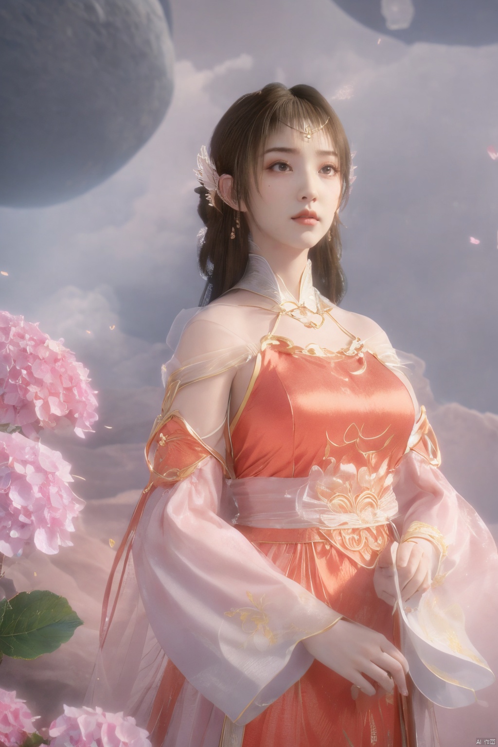 masterpiece,best quality,official art,extremely detailed CG unity 8k wallpaper,1girl, upper body,chinese clothes, above clouds, asteroid, spacecraft,Xyunluo,(big_breasts:1.39),(Hydrangea,X-Hydrangea),Xlimuwan, Water_butterfly,Xcheongsam, desert_sky,girl,depth of field,