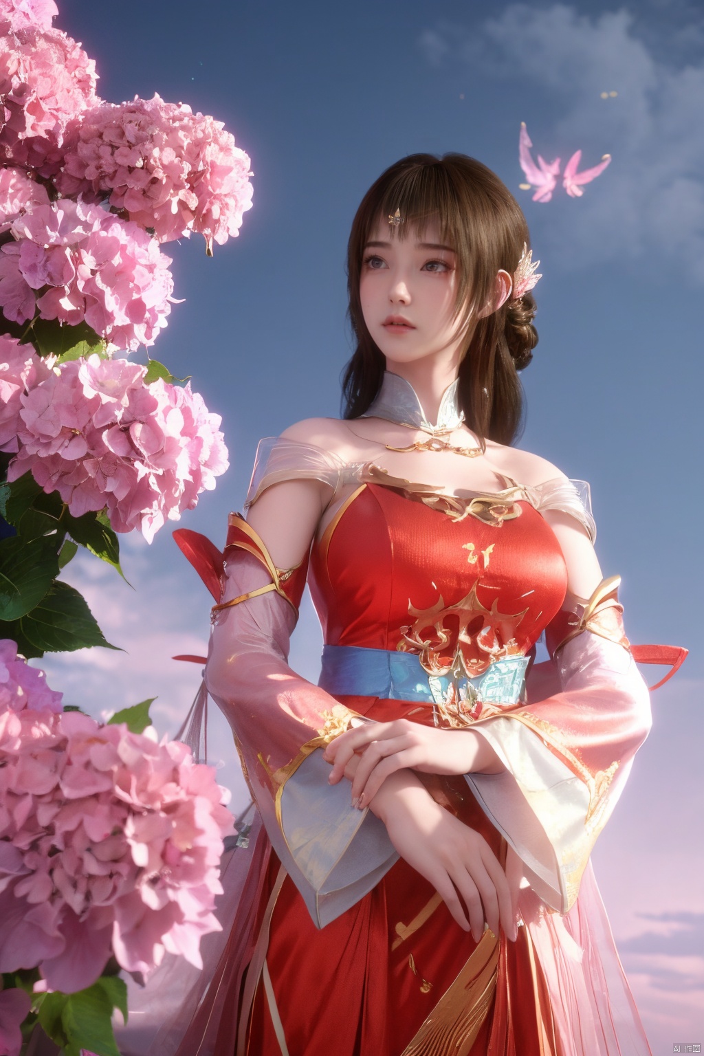 masterpiece,best quality,official art,extremely detailed CG unity 8k wallpaper,1girl, upper body,chinese clothes, above clouds, asteroid, spacecraft,Xyunluo,(big_breasts:1.39),(Hydrangea,X-Hydrangea),Xlimuwan, Water_butterfly,Xcheongsam, desert_sky,girl,depth of field,