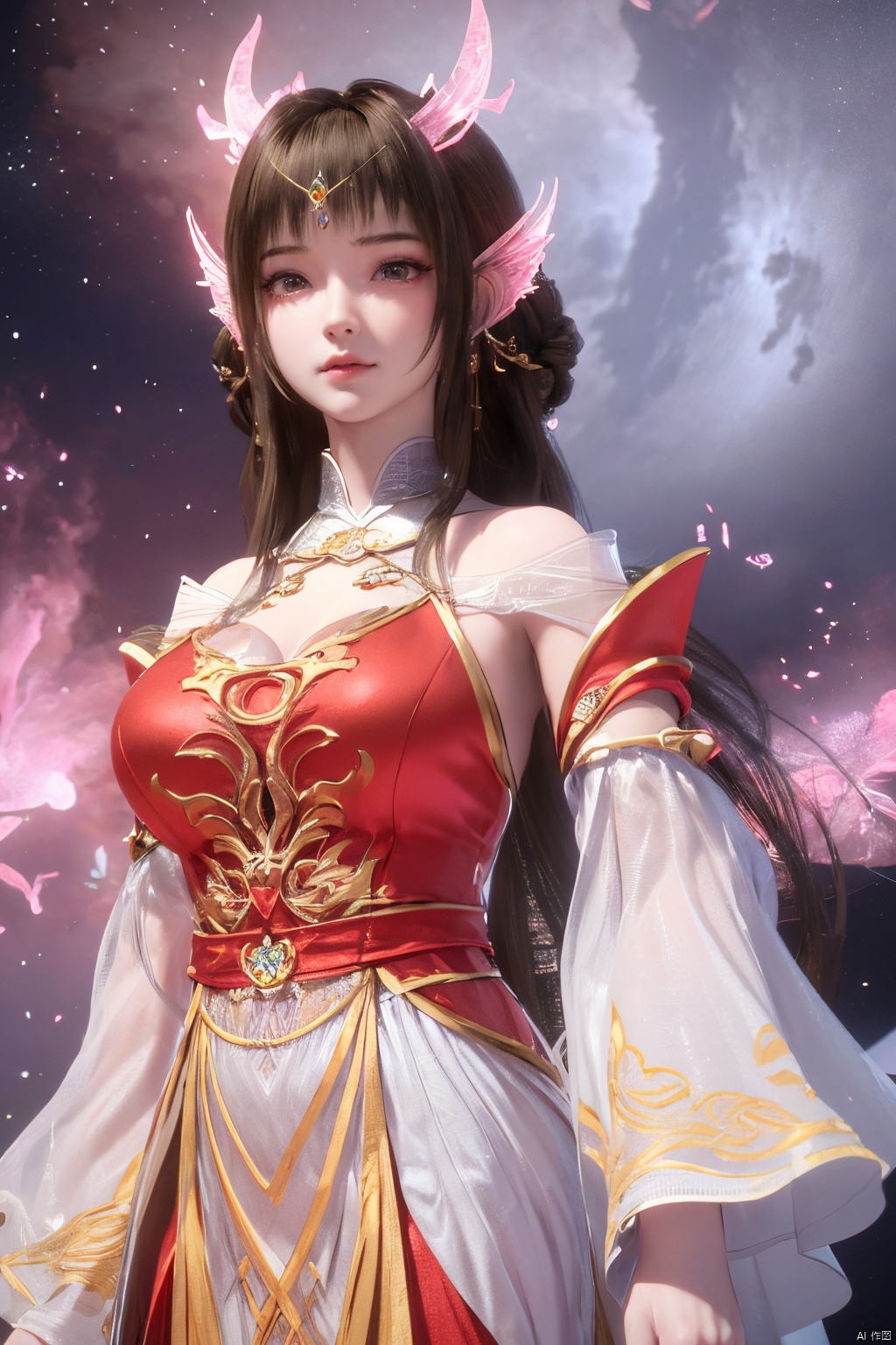 masterpiece,best quality,official art,extremely detailed CG unity 8k wallpaper,1girl, upper body,chinese clothes, above clouds, asteroid, spacecraft,  ,Xyunluo,(big_breasts:1.29),X-Hydrangea,Xlimuwan, Water_butterfly,Xcheongsam, desert_sky,girl,depth of field,