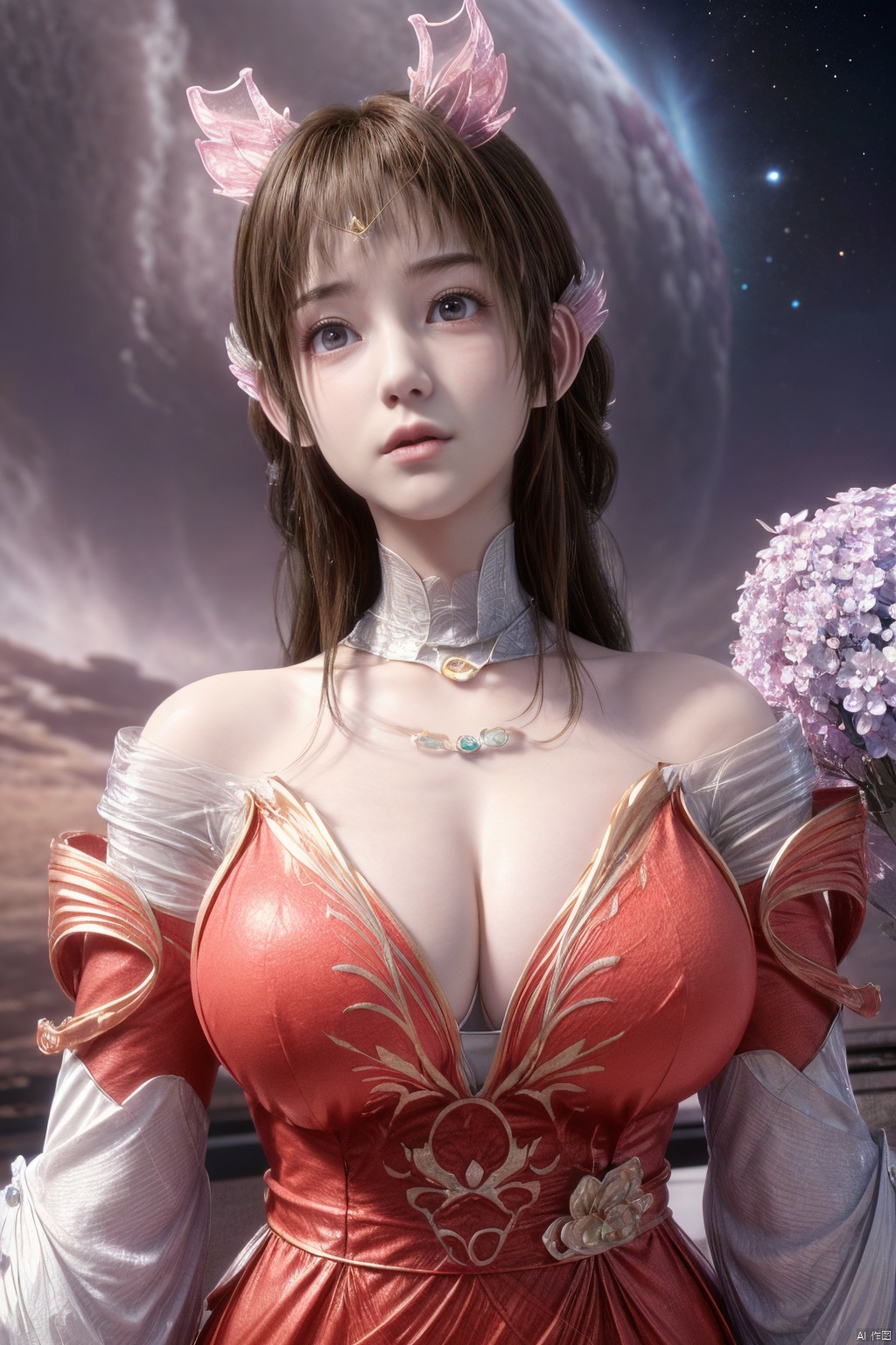 masterpiece,best quality,official art,extremely detailed CG unity 8k wallpaper,1girl, upper body,chinese clothes, above clouds, asteroid, spacecraft,Xyunluo,(big_breasts:1.39),(Hydrangea,X-Hydrangea),Xlimuwan, Water_butterfly,Xcheongsam, desert_sky,girl,depth of field,