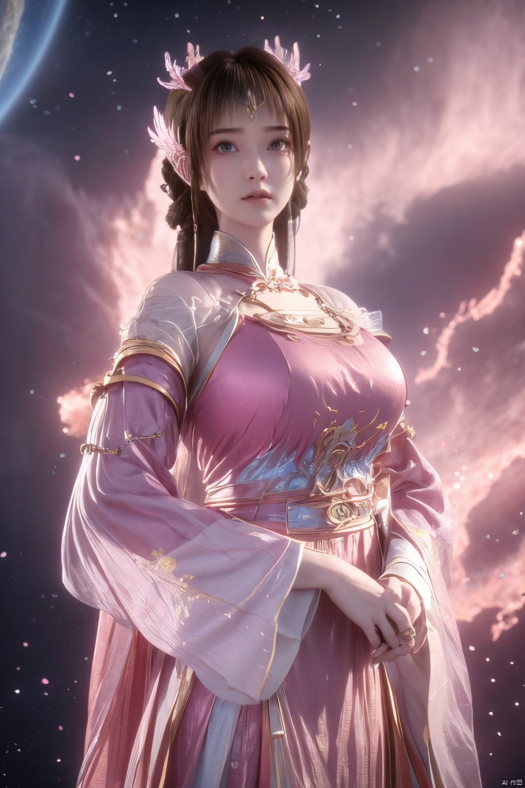 masterpiece,best quality,official art,extremely detailed CG unity 8k wallpaper,1girl, upper body,chinese clothes, above clouds, asteroid, spacecraft,Xyunluo,(big_breasts:1.39),(Hydrangea,X-Hydrangea),Xlimuwan, Water_butterfly,Xcheongsam, desert_sky,girl,depth of field,