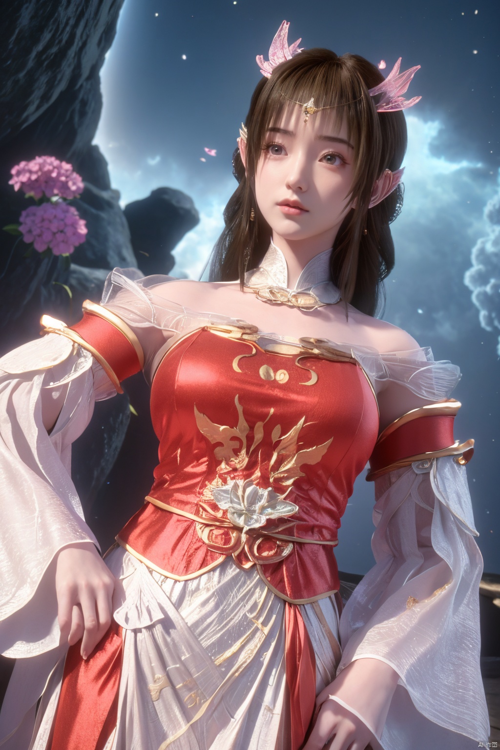 masterpiece,best quality,official art,extremely detailed CG unity 8k wallpaper,1girl, upper body,chinese clothes, above clouds, asteroid, spacecraft,Xyunluo,(big_breasts:1.39),(Hydrangea,X-Hydrangea),Xlimuwan, Water_butterfly,Xcheongsam, desert_sky,girl,depth of field,