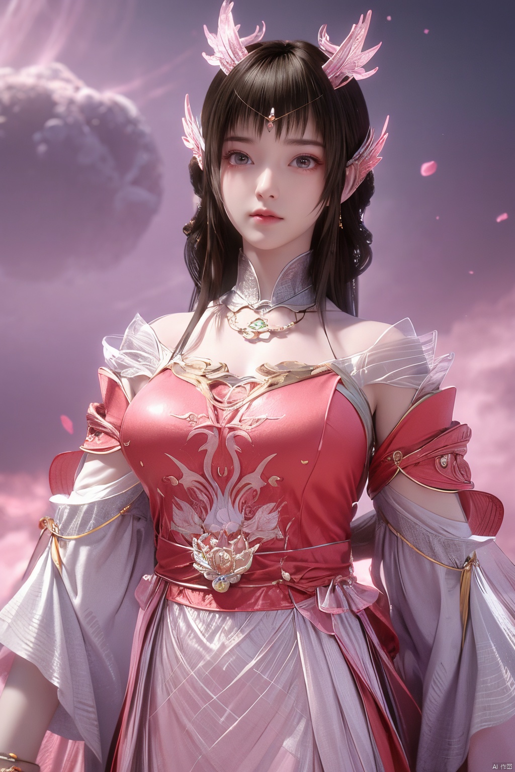 masterpiece,best quality,official art,extremely detailed CG unity 8k wallpaper,1girl, upper body,chinese clothes, above clouds, asteroid, spacecraft,Xyunluo,(big_breasts:1.39),(Hydrangea,X-Hydrangea),Xlimuwan, Water_butterfly,Xcheongsam, desert_sky,girl,depth of field, 1 girl