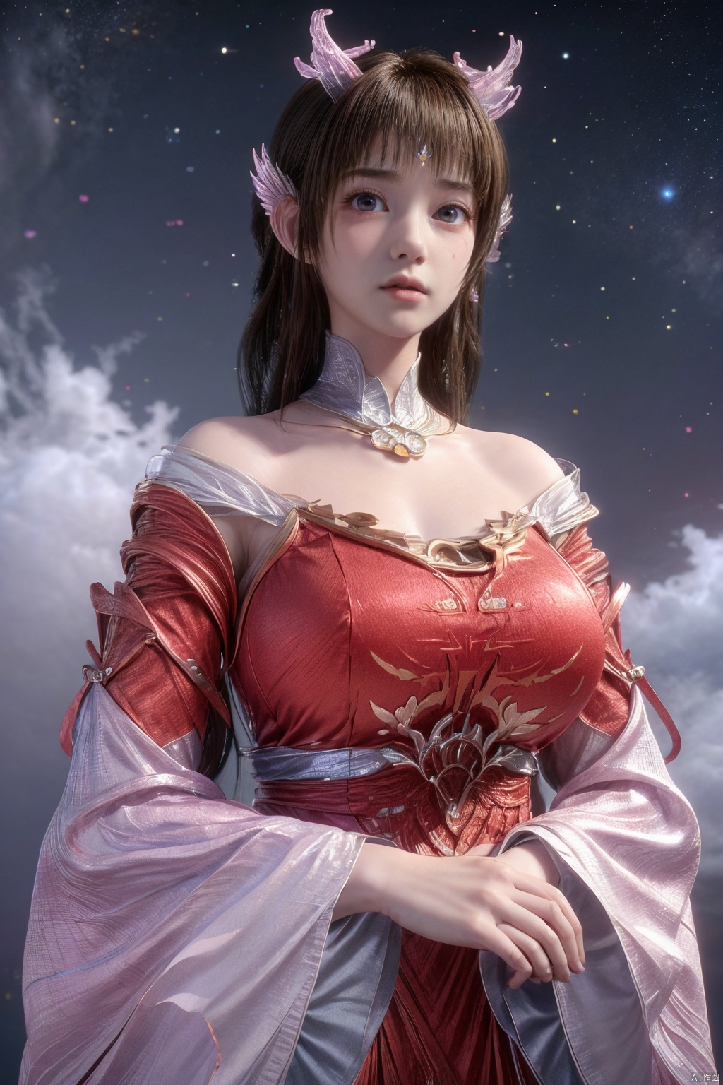 masterpiece,best quality,official art,extremely detailed CG unity 8k wallpaper,1girl, upper body,chinese clothes, above clouds, asteroid, spacecraft,Xyunluo,(big_breasts:1.39),(Hydrangea,X-Hydrangea),Xlimuwan, Water_butterfly,Xcheongsam, desert_sky,girl,depth of field, 1 girl