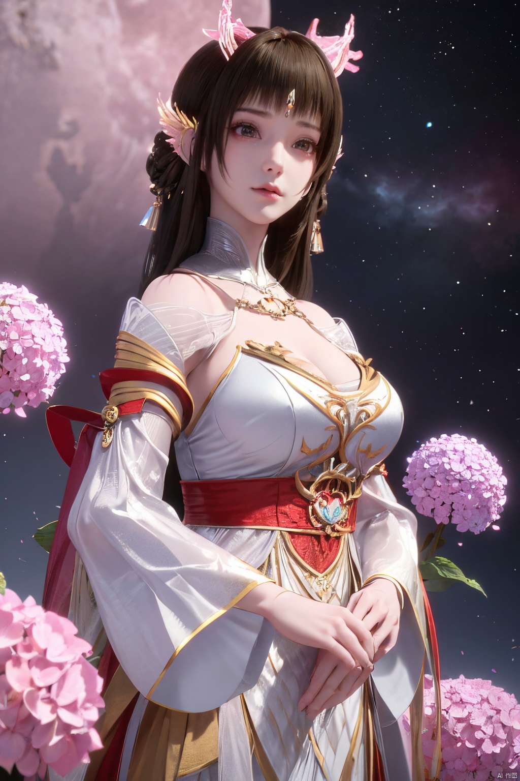 masterpiece,best quality,official art,extremely detailed CG unity 8k wallpaper,1girl, upper body,chinese clothes, above clouds, asteroid, spacecraft,Xyunluo,(big_breasts:1.39),(Hydrangea,X-Hydrangea),Xlimuwan, Water_butterfly,Xcheongsam, desert_sky,girl,depth of field, 1 girl