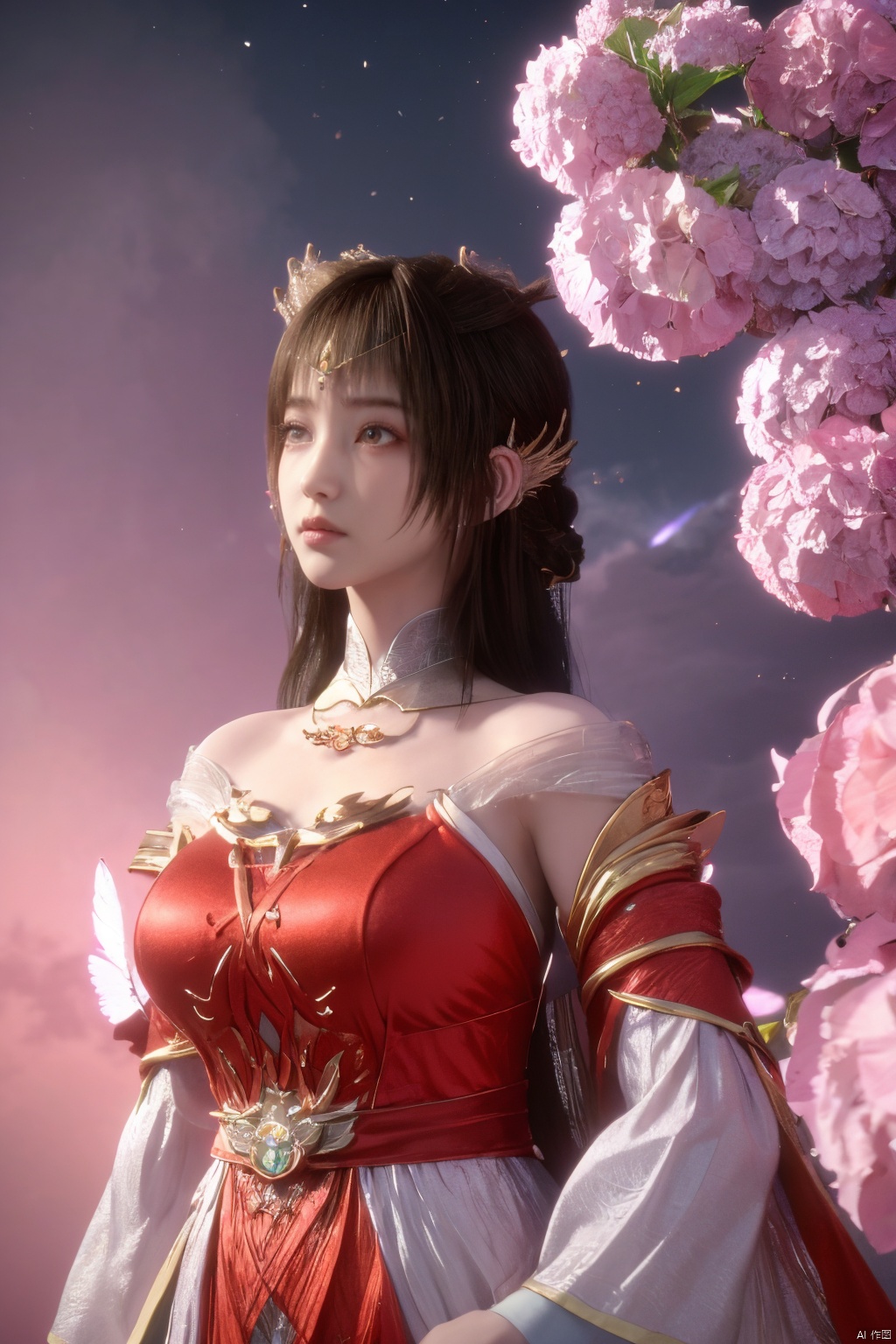 masterpiece,best quality,official art,extremely detailed CG unity 8k wallpaper,1girl, upper body,chinese clothes, above clouds, asteroid, spacecraft,Xyunluo,(big_breasts:1.39),(Hydrangea,X-Hydrangea),Xlimuwan, Water_butterfly,Xcheongsam, desert_sky,girl,depth of field,
