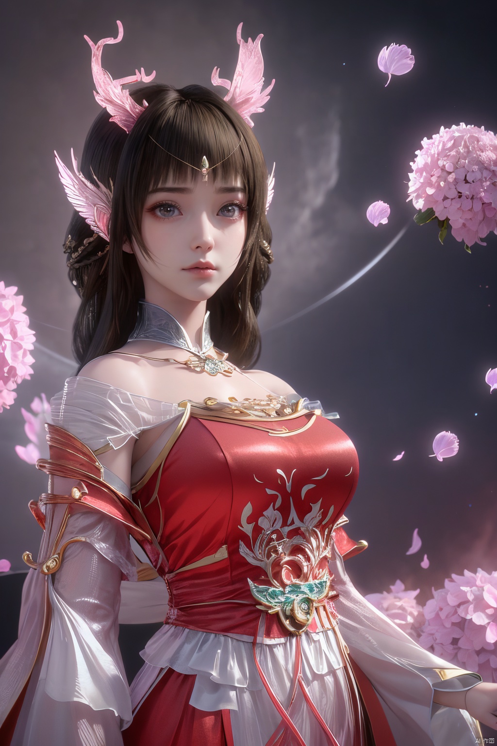 masterpiece,best quality,official art,extremely detailed CG unity 8k wallpaper,1girl, upper body,chinese clothes, above clouds, asteroid, spacecraft,Xyunluo,(big_breasts:1.39),(Hydrangea,X-Hydrangea),Xlimuwan, Water_butterfly,Xcheongsam, desert_sky,girl,depth of field, 1 girl