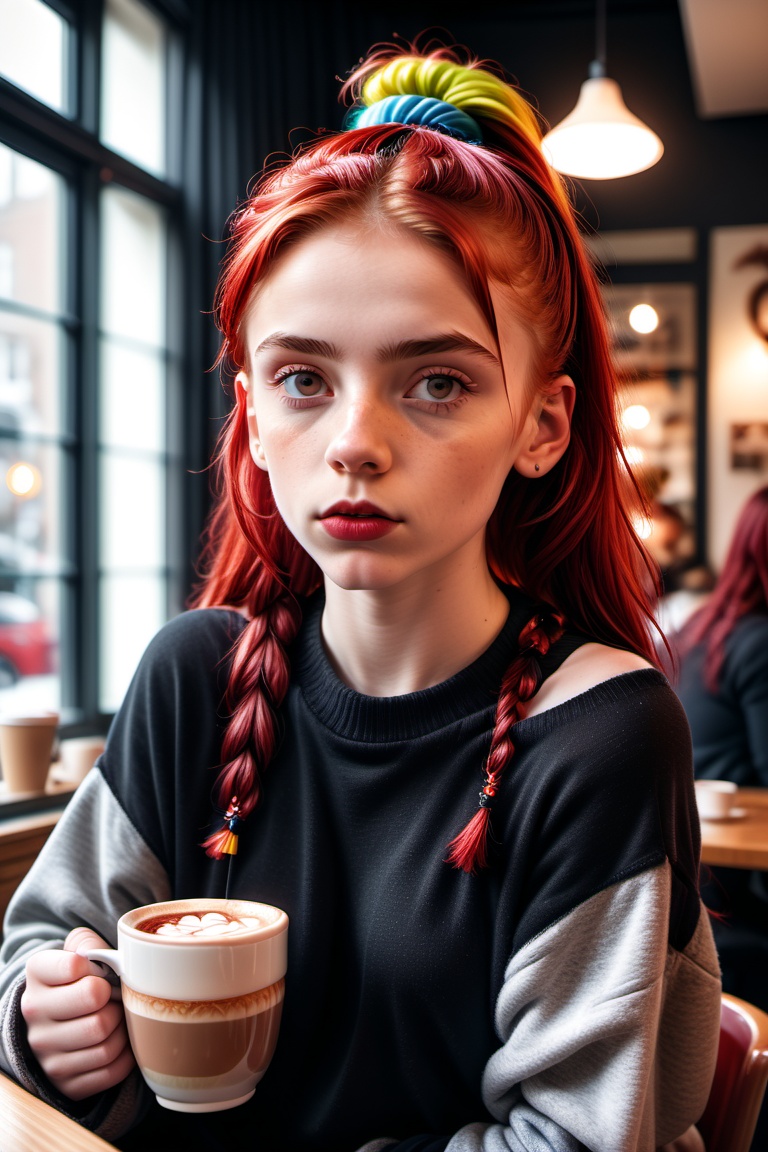 Vivid snapshot of a radiant german teenager,  18,  posing confidently in a cozy coffee shop setting on Tensor.Art