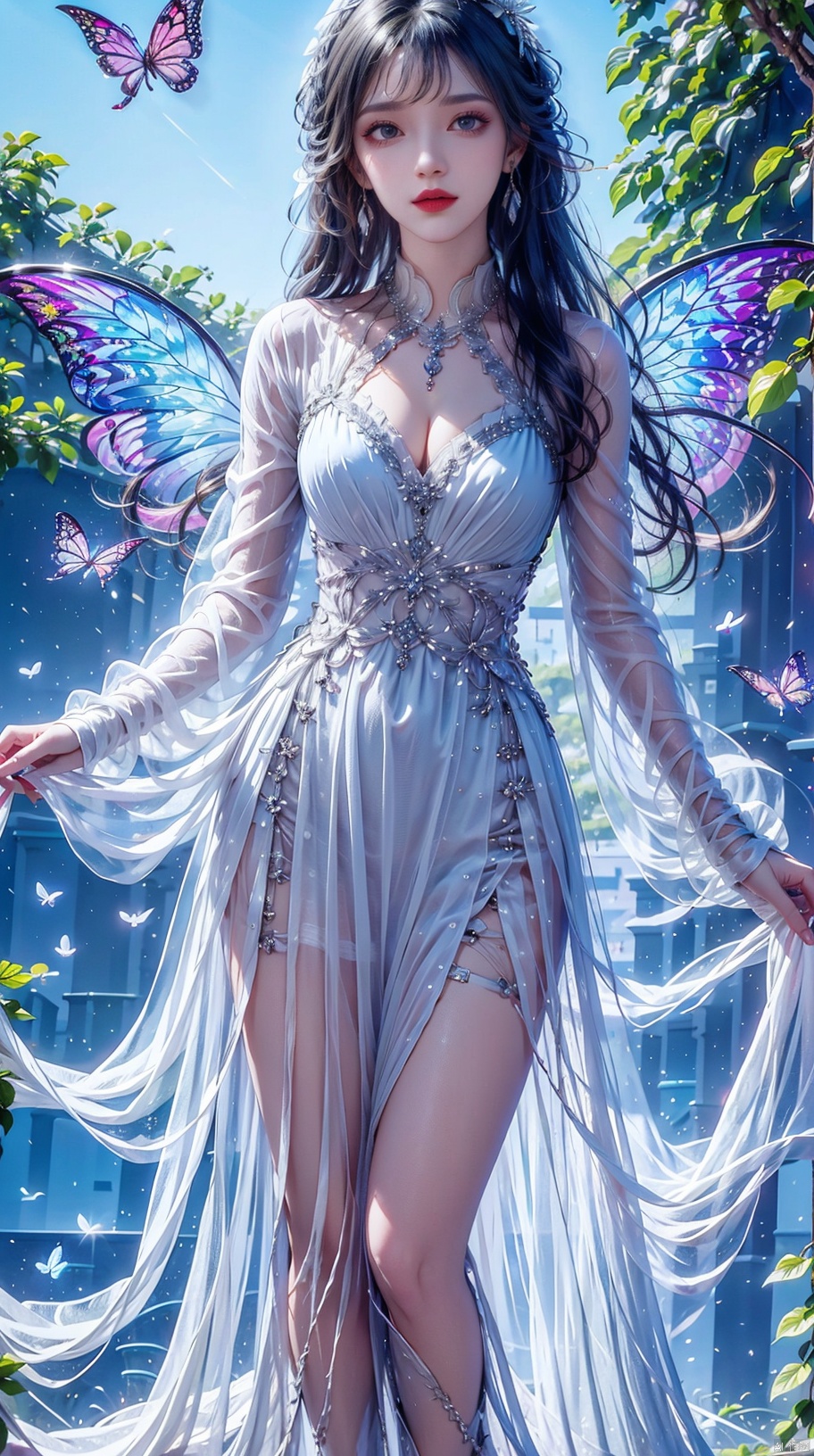 High definition wallpaper, a girl, beautiful, beautiful, blue long hair, headwear, earrings, chest, cleavage, sitting, legs, white blue suspender dress, blue butterfly wings, collarbone, flower sea, flower sea background