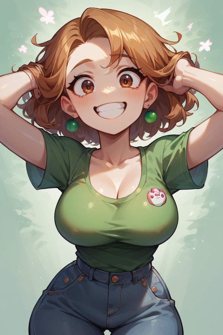 score_9, score_8_up, score_8,
1girl, cute, excited,
white skin, brown eyes,
smiling,  green tshirt, big breasts, shiny, vivad color