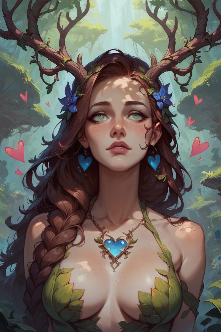 score_9, score_8_up, score_7_up, 1 girl, long hair, brown hair, tilted angle, hearts, female focus, antlers, dryad, nature,  concept art, green eyes   , expressiveH 