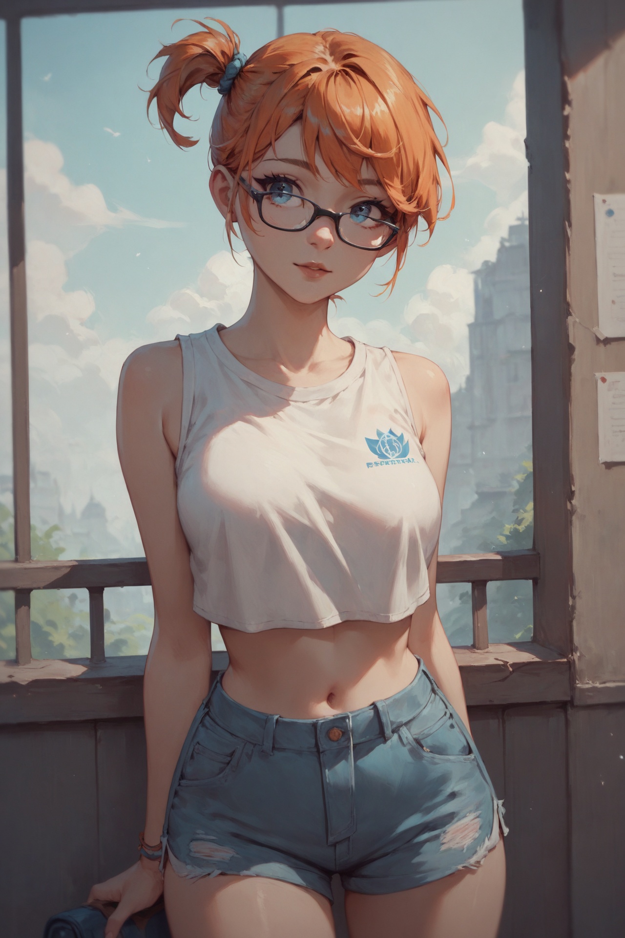 score_9, score_8_up, score_8,, (masterpiece, best quality), 1girl,  pkmnmisty, 1girl, solo, blue eyes, glasses, orange hair, short hair, side ponytail, bangs, hair tie,, white shirt, crop top, sleeveless, short shorts, perfect boobs, score_7_up