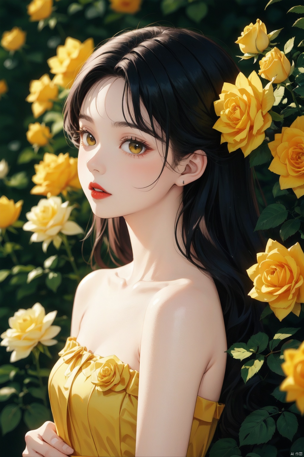 a woman in a yellow dress surrounded by yellow roses,green background,1girl, solo, looking at viewer, black hair, dress, bare shoulders, brown eyes, collarbone, upper body, flower, parted lips, lips, strapless, rose, plant, strapless dress, realistic, yellow flower, nose, red lips, yellow dress, yellow rose,The Story of Roses,moyou,jjmx