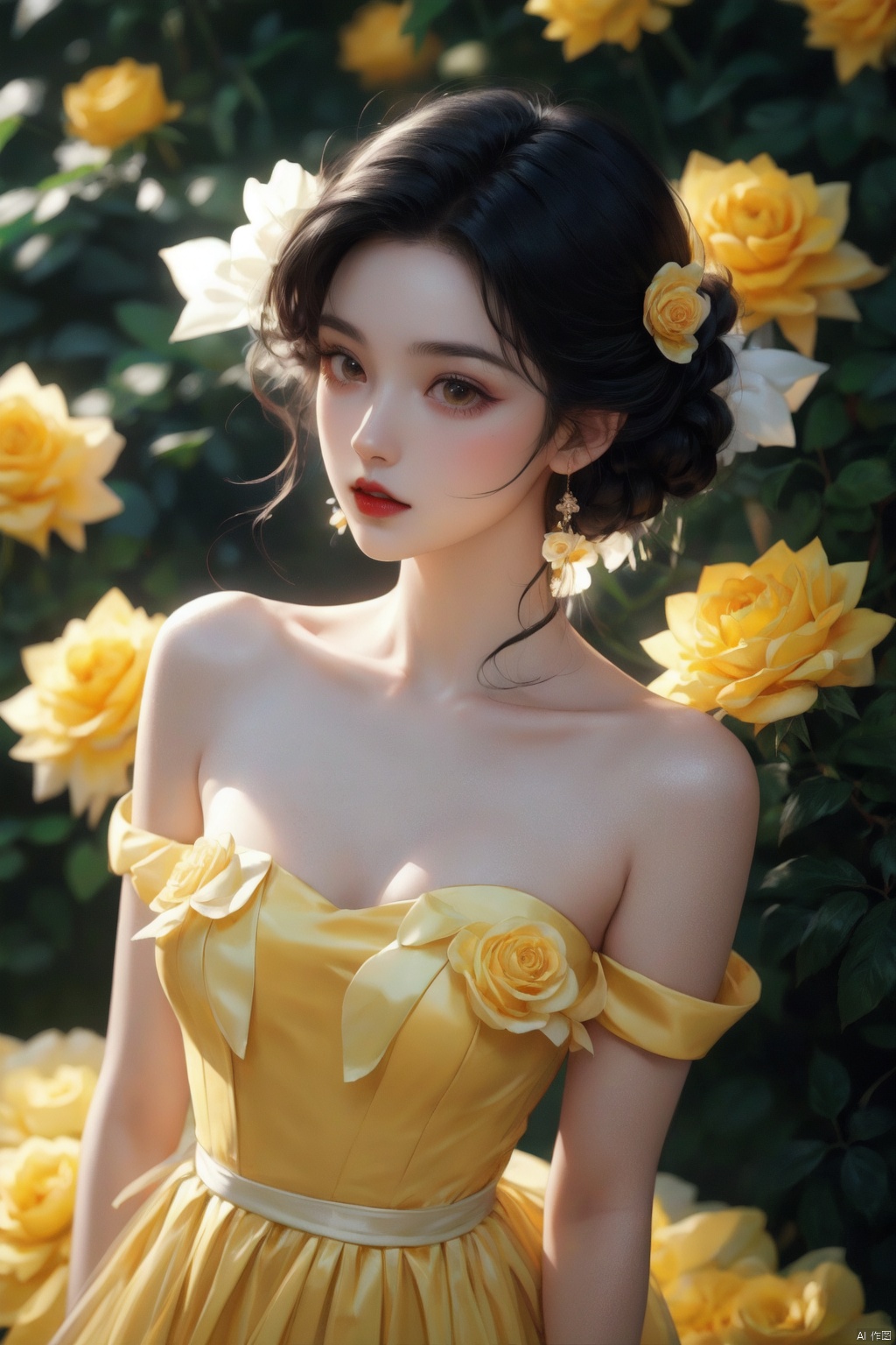 a woman in a yellow dress surrounded by yellow roses,green background,1girl, solo, looking at viewer, black hair, dress, bare shoulders, brown eyes, collarbone, upper body, flower, parted lips, lips, strapless, rose, plant, strapless dress, realistic, yellow flower, nose, red lips, yellow dress, yellow rose,The Story of Roses,moyou,jjmx