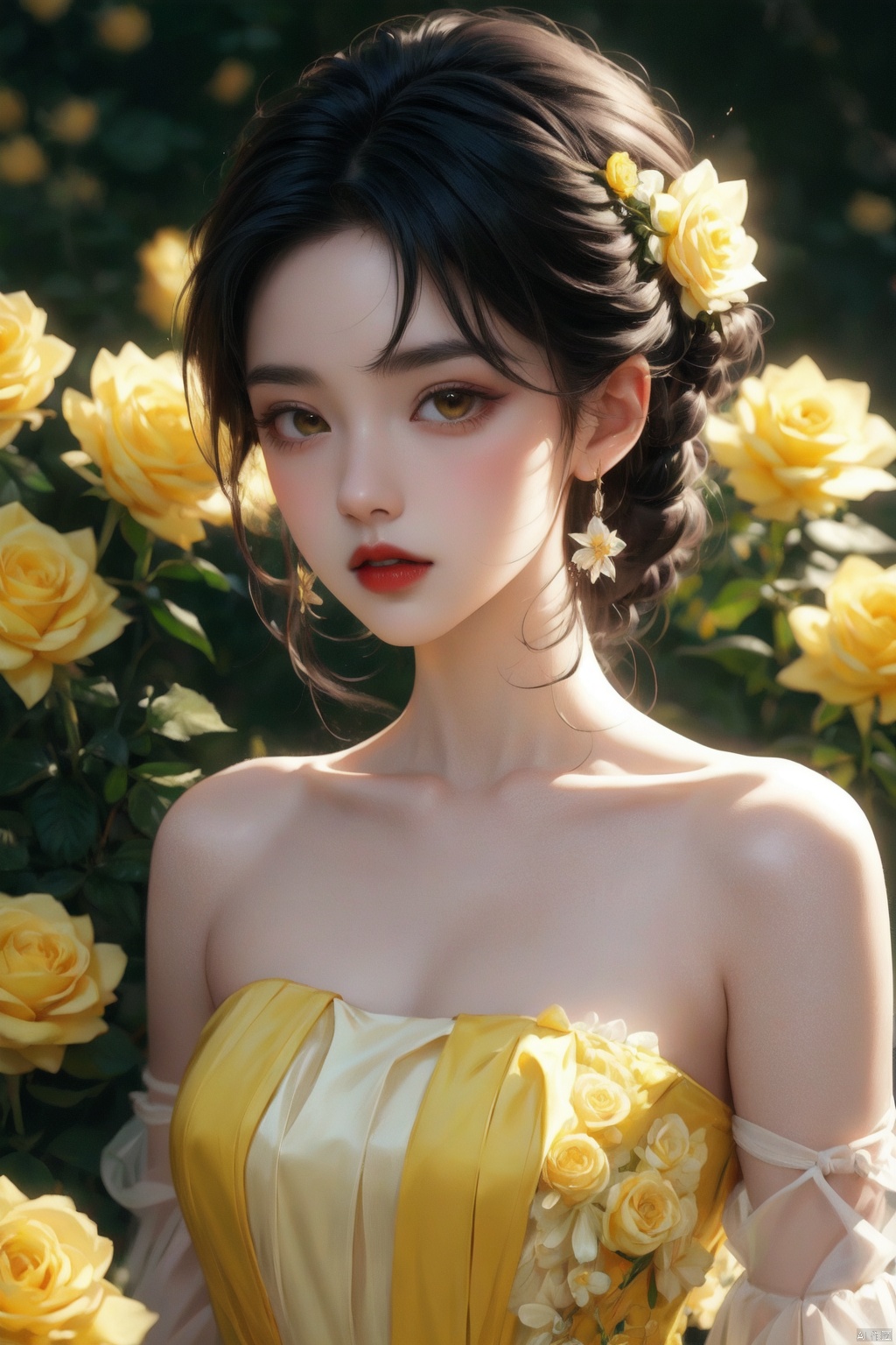 a woman in a yellow dress surrounded by yellow roses,green background,1girl, solo, looking at viewer, black hair, dress, bare shoulders, brown eyes, collarbone, upper body, flower, parted lips, lips, strapless, rose, plant, strapless dress, realistic, yellow flower, nose, red lips, yellow dress, yellow rose,The Story of Roses,moyou,jjmx