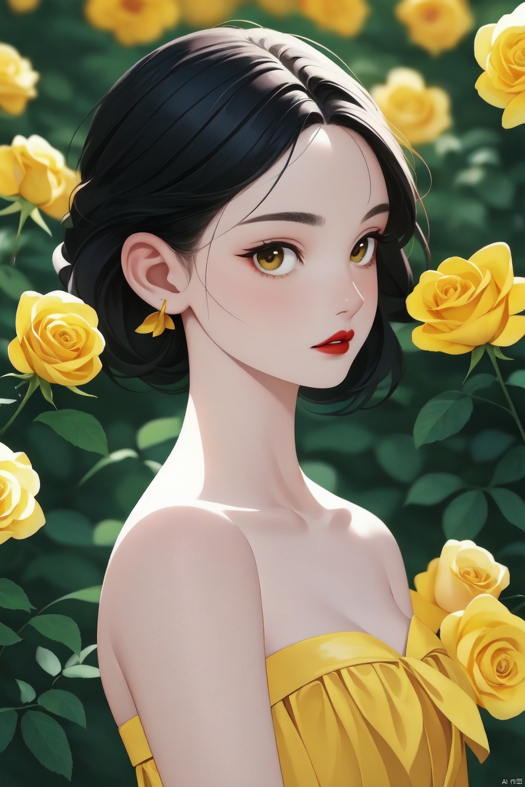 a woman in a yellow dress surrounded by yellow roses,green background,1girl, solo, looking at viewer, black hair, dress, bare shoulders, brown eyes, collarbone, upper body, flower, parted lips, lips, strapless, rose, plant, strapless dress, realistic, yellow flower, nose, red lips, yellow dress, yellow rose,The Story of Roses,moyou,jjmx