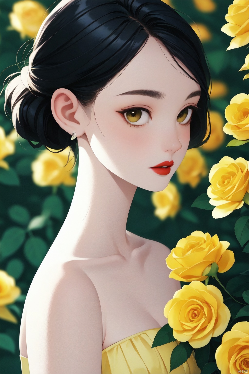 a woman in a yellow dress surrounded by yellow roses,green background,1girl, solo, looking at viewer, black hair, dress, bare shoulders, brown eyes, collarbone, upper body, flower, parted lips, lips, strapless, rose, plant, strapless dress, realistic, yellow flower, nose, red lips, yellow dress, yellow rose,The Story of Roses,moyou,jjmx