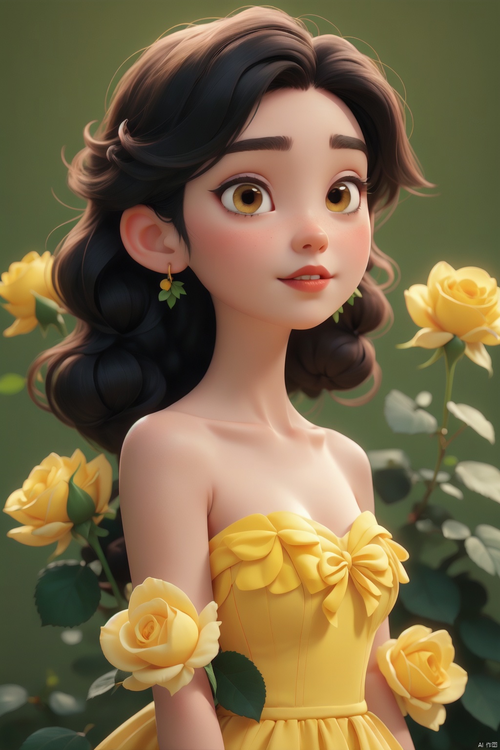 a woman in a yellow dress surrounded by yellow roses,green background,1girl, solo, looking at viewer, black hair, dress, bare shoulders, brown eyes, collarbone, upper body, flower, parted lips, lips, strapless, rose, plant, strapless dress, realistic, yellow flower, nose, red lips, yellow dress, yellow rose,The Story of Roses,moyou,jjmx
