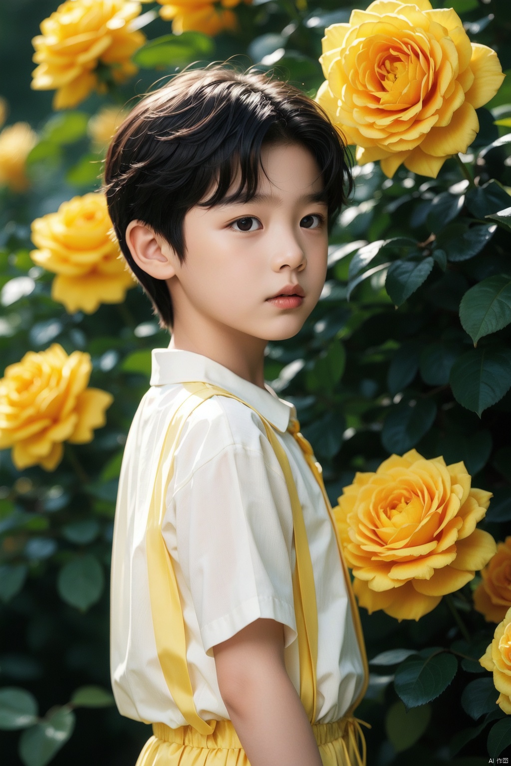 a young boy in a yellow dress surrounded by yellow roses,green background