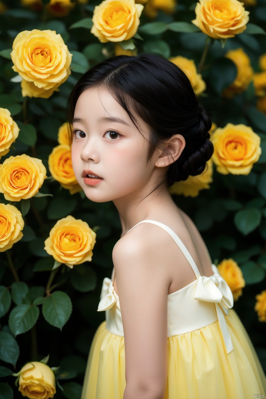 a little children in a yellow dress surrounded by yellow roses,green background, solo, looking at viewer